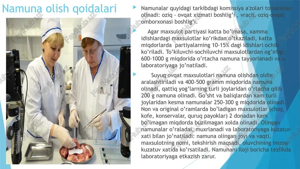 g shaxsiy ovќatlanishida issiq ovqat tayyorlanishi yoki quruq payok maxsulotlari bilan ovqatlanishi mumkin. quruq payok tarkibiga qo’shimcha kulinariya ishlovlari talab etilmaydigan maxsulotlar kiritilgan. ularning eng muximlari suxarilar (oddiy va to’yintirilgan qo’shimchalar kiritilgan va zichlashtirilgan) va konservalar xisoblanadi. suxarilarning sifat ko’rsatkichlari gigienik talablar 1.tashqi ko’rinishi u xildagi suxari uchun o’ziga xos, mo’g’orlamagan va kuymagan 2.ta'mi va xidi yoqimli, begona ta'm va xidsiz 3.non xashoratlari bo’lmasligi kerak 4.xo’llanishi 5-8 daqiqa 5.kislotaliligi arpa non – 21o, bug’doy noni – 13o, arpa-bug’doy noni - 20o suxarilarning to’la sifatliligini tekshirish namuna olingan kundan 3 kungacha bo’lgan davomida aniqlanishi kerak. bunda quyidagi ko’rsatkichlar aniqlanadi: suxarining tashqi ko’rinishi va non zararkunandalari ko’rish orqali, ta'mi, xidi - organoleptik usulda aniqlanadi. xo’llanishni aniqlash: yarimta suxarini xona xaroratidagi suvga (15-20o) solib, vaqt belgilanadi (5 daqiqa shaklga solingan, mas, buxanka noni uchun, pechda pishirilgan non uchun - 8 daqiqa), shu vaqt ichida suxari shunday xo’llanishi kerakki, u engil chaynalsin, ammo xamir …