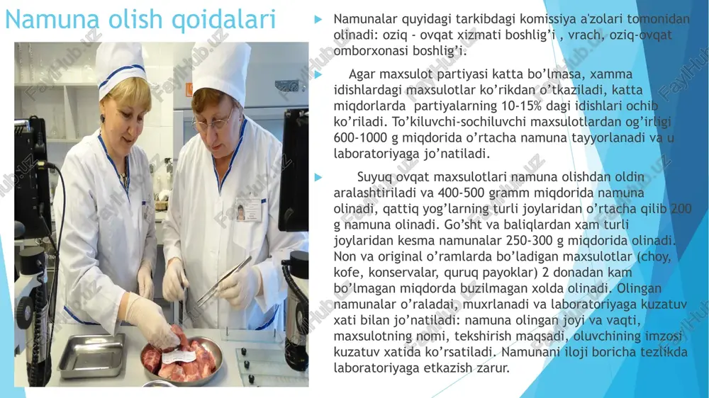 y va aralashgan tarzda bo’lishi mumkin. xarbiy xizmatchilarning shaxsiy ovќatlanishida issiq ovqat tayyorlanishi yoki quruq payok maxsulotlari bilan ovqatlanishi mumkin. quruq payok tarkibiga qo’shimcha kulinariya ishlovlari talab etilmaydigan maxsulotlar kiritilgan. ularning eng muximlari suxarilar (oddiy va to’yintirilgan qo’shimchalar kiritilgan va zichlashtirilgan) va konservalar xisoblanadi. suxarilarning sifat ko’rsatkichlari gigienik talablar 1.tashqi ko’rinishi u xildagi suxari uchun o’ziga xos, mo’g’orlamagan va kuymagan 2.ta'mi va xidi yoqimli, begona ta'm va xidsiz 3.non xashoratlari bo’lmasligi kerak 4.xo’llanishi 5-8 daqiqa 5.kislotaliligi arpa non – 21o, bug’doy noni – 13o, arpa-bug’doy noni - 20o suxarilarning to’la sifatliligini tekshirish namuna olingan kundan 3 kungacha bo’lgan davomida aniqlanishi kerak. bunda quyidagi ko’rsatkichlar aniqlanadi:  suxarining tashqi ko’rinishi va non zararkunandalari ko’rish orqali, ta'mi, xidi - organoleptik usulda aniqlanadi.  xo’llanishni aniqlash: yarimta suxarini xona xaroratidagi suvga (15-20o) solib, vaqt belgilanadi (5 daqiqa shaklga solingan, mas, buxanka noni uchun, pechda pishirilgan non uchun - 8 daqiqa), shu vaqt ichida …
