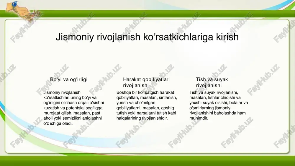 atlari, masalan, yugurish va to'p qo'yish, va yaxshi harakat qobiliyatlari, yozish va poyabzalni bağlash kabi turli turdagi qobiliyatlariga bo'linadi. baholash vositalari harakat qobiliyatlari uchun umumiy baholash vositalari movchut qobiliyatlar uchun harakat baholash batareyasi (m-abc) va bruininks- oseretsky harakat mahoratini sinov batareyasi (bot-2) kabi. tepalik baholashning ahamiyati harakat qobiliyatlari cheklovlarini tezlik bilan aniqlash, bolaning umumiy jismoniy rivojlanishi va o'qish faoliyati natijasini yaxshilash uchun vaqtiy intervensiyalarga olib kelishi mumkin. ota-onalar va ta'lim beruvchilarning roli ota-onalar va ta'lim beruvchilar bolaning harakat qobiliyatlarini kuzatib borish va hujjatlashtirishda muhim rol o'ynaydilar, baholash uchun qadrli ma'lumotlar taqdim etish. jismoniy rivojlanish uchun sog'liqni saqlash regular fiziksel faoliyatni rag'batlantirish bolalar kundalik 60 minutdan kam o'rtacha yoki kuchli fiziksel faoliyatda ishtirok etishlari kerak, masalan, sport o'ynash, raqs qilish yoki suzish. dastlabki ovqatlar va atirgul ovqatlarni ta'minlash mahsulotlar, sabzavotlar, butun bug'doy, yog'lanma proteinlar va sut mahsulotlari ko'paytirilgan taomlar bolalarga sog'liqni saqlash odatlarini rivojlantirish va jismoniy rivojlanishlarini qo'llab-quvvatlaydi. to'g'ri uyqu va …