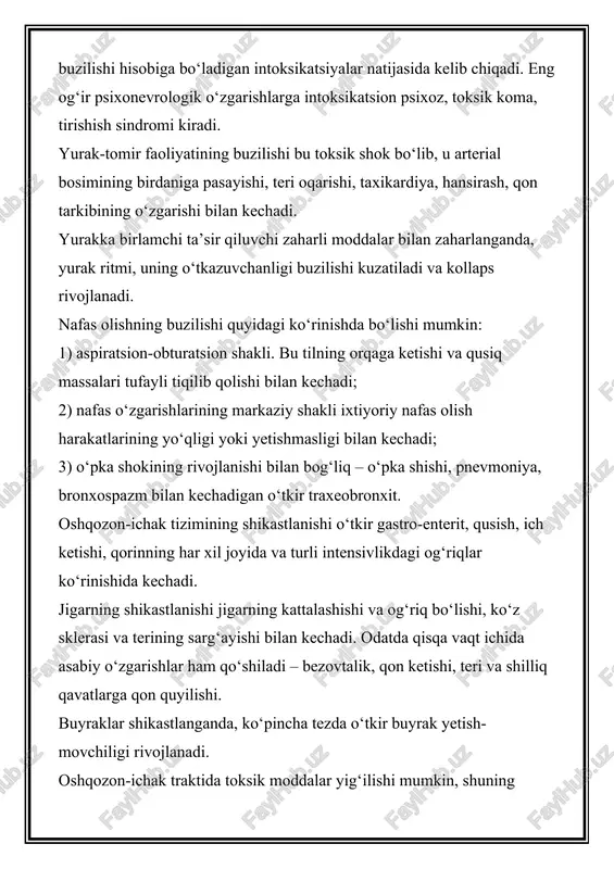 gol bilan zaharlanish. bunda shuni unutmaslik kerakki, alkogol katta miqdorda qabul qilinganda yaqqol psixotrop ta’sirga ega. boshlang‘ich davrida o‘zini idora qila olmaslik, og‘riq sezishning pasayishi va hushidan ketish kuzatiladi. birinchi yordam shundan iboratki, tezlik bilan oshqozonni yuvish, nafas yo‘llarining o‘tkazuvchanligini ta’minlash, yurak dorilarini berish va iloji bo‘lsa, kislorodoterapiyani boshlash kerak. gazdan zaharlanish. is gazi avtomashinalardan chiqadigan gazlar tarkibida va uylar pechka bilan isitilganda hosil bo‘ladi. o‘tkir zaharlanganda psixonevrologik buzilishlar ustun turadi, bosh og‘rishi, bosh aylanishi, chanqash, qayt qilish, hushdan ketish, nafas olishning buzilishi kuzatiladi. birinchi yordam, avvalambor, jabrlanuvchini o‘choqdan zudlik bilan olib chiqishdan boshlanadi. bronxlar o‘tkazuvganligini ta’minlash, havo-kislorod aralashmasini uzoq vaqt kiritish va yurak-tomir preparatlarini yuborish zarur. hozirgi vaqtda sanoat, qishloq xo‘jaligi, uy sharoitida fosfororganik birikmalar bilan zaharlanish ko‘p tarqalgan. bu modda asab tizimiga ta’sir qiladi, ya’ni holsizlik, bosh og‘rishi, bosh aylanishi, toqatsizlik, nafas olishning buzilishi (bu holat nafas muskullarining bo‘shashishi bilan bog‘liq), qorinda og‘riq va ich ketishi kuzatiladi. davolash: …