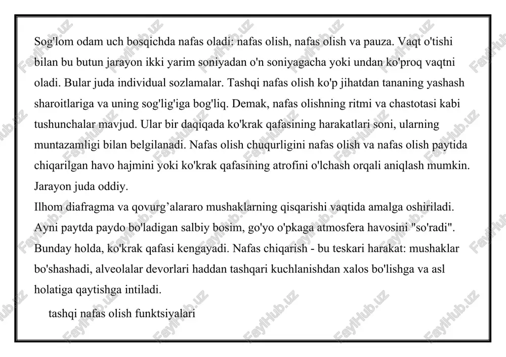 adi: ish qanchalik og'ir bo'lsa, qorin turi shunchalik ko'p ustunlik qiladi. nafas olishning patologik turlari tashqi nafas olish ko'rsatkichlari nafas etishmovchiligi sindromi mavjud bo'lganda keskin o'zgaradi. bu alohida kasallik emas, balki faqat boshqa organlarning patologiyasining natijasi: yurak, o'pka, buyrak usti bezlari, jigar yoki buyraklar. sindrom ham o'tkir, ham surunkali. bundan tashqari, u turlarga bo'linadi: 1. toʻsiq. nafas olishda nafas qisilishi paydo bo'ladi. 2. cheklovchi turi. nafas chiqarishda nafas qisilishi paydo bo'ladi. 3. aralash turi. odatda bu terminal bosqichi bo'lib, dastlabki ikkita variantni o'z ichiga oladi. bundan tashqari, ma'lum bir kasallik bilan bog'liq bo'lmagan anormal nafas olishning bir necha turlari mavjud: · cheynning nafasi - stokes. sayozdan boshlab, nafas olish asta-sekin chuqurlashadi va beshinchi yoki ettinchidanafas olish normal darajaga etadi. keyin yana kamdan-kam uchraydi va sayoz bo'ladi. oxirida har doim pauza bo'ladi - nafassiz bir necha soniya. yangi tug'ilgan chaqaloqlarda tbi, intoksikatsiya, gidrosefali bilan uchraydi. · kussmaulning nafasi. bu chuqur, shovqinli …