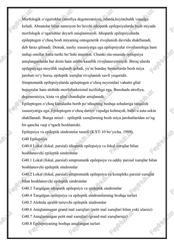tik sindromlar g40.4 tarqalgan epilepsiya va epileptik sindromlarning boshqa turlari g40.5 alohida ajralib turuvchi epileptik sindromlar g40.6 aniqlanmagan grand mal xurujlari (petit mal xurujlari bilan yoki ularsiz) g40.7 aniqlanmagan petit mal xurujlari (grand mal xurujlarisiz) g40.8 epilepsiyaning boshqa aniqlangan turlari g40.9 aniqlanmagan epilepsiya g41 epileptik status g41.0 grand mal bilan namoyon bo‘luvchi epileptik status g41.1 petit mal bilan yuzaga keluvchi epileptik status g41.2 murakkab parsial epileptik status g41.8 aniqlangan boshqa epileptik status g41.9 aniqlanmagan epileptik status epileptik xurujlarning xalqaro tasnifi (1981-yil,kioto) parsial (fokal, lokal) xurujlar oddiy parsial xurujlar (hushni yo‘qotmasdan namoyon bo‘luvchi) motor parsial xurujlar: «jekson yurishi» bilan namoyon bo‘luvchi motor xurujlar «jekson yurishi» kuzatilmaydigan motor xurujlar adversiv xurujlar postural xurujlar fonator xurujlar (vokalizatsiya yoki nutqning to‘xtab qolishi). sensor parsial xurujlar: somatosensor ko‘ruv eshituv hid bilish ta’m sezish bosh aylanish xuruji vegetativ parsial xurujlar: midriaz, yuz giperemiyasi yoki oqarib ketishi arterial qon bosimning oshib yoki tushib ketishi taxikardiya, terlab ketish …