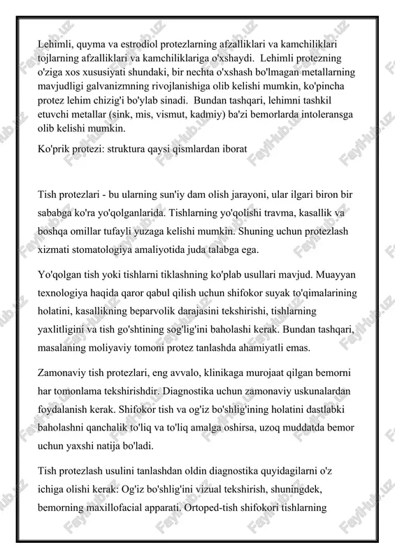 riladi; taassurotlar olishkelajakdagi loyiha modellashtirilgan bo'ladi. olingan modelni o'rganish sizga tishlash xususiyatlarini ishlab chiqish, dastlabki burilish va hokazolarni amalga oshirish imkonini beradi. tekshiruvdan so'ng shifokor bemor bilan protezning mumkin bo'lgan turlarini muhokama qiladi. tish protezlarining ikkita asosiy turi mavjud: olinadigan va olinmaydigan tuzilmalar. ushbu turlarning har biri, o'z navbatida, ma'lum kamchiliklar va afzalliklarga ega bo'lgan kichik turlarga bo'linadi. olinadigan protezlar olinadigan protezlar ko'pincha bemorda bir nechta tishlar etishmovchiligi mavjud bo'lganda qo'llaniladi: uchta yoki undan ko'p. bundan tashqari, etishmayotgan tishlar birin-ketin ketma-ket ketishi kerak. olinadigan protezning asosiy xususiyati uning nomi bilan bog'liq, ya'ni vaqti-vaqti bilan gigiena protseduralari uchun og'izdan olib tashlanishi kerak. olinadigan protezlar quyidagi turlarda bo'lishi mumkin: qisqich; akril plastmassadan tayyorlangan plastinka; neylon. qisqichli olinadigan protezlar "qopqoq protezlari" iborasi nemis ildizlariga ega. nemis tilida "bugel" "ark" degan ma'noni anglatadi, bu protezni takrorlaydigan shakli. ushbu turdagi protezlarni faqat bemorning og'zida kamida ikkita tishlari bo'lsa, foydalanish mumkin, chunki u ularga biriktiriladi. olinadigan …