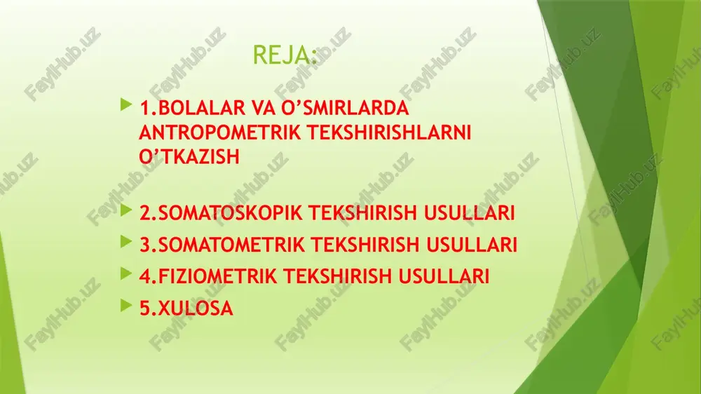 kda, qorin tortilgan, oyoqlar to‘g’rilanganligi kuzatiladi. oyoq shaklini aniqlash uchun: tekshiriluvchi tovonlarini birlashtirib tik turadi. me'yoriy shakldagi oyoq tuzilishda tizza bo‘g’inlari bir-biriga sal tegib turadi; «o» - shakldagida esa tizza bo‘g’inlari bir-biriga tegmaydi, «x»-shakldagi tuzilishida tizza bo`g`inlari meyoridan ortiq tegib turadi. oyoq kafti — tayanch va harakat organidir. oyoq kafti normal, yassi va tekis bo'lishi mumkin. oyoq kafti shaklini aniqlash uchun tayanch yuzasi, oyoq kafti gumbazi baholanadi. tovonning shaklini bilish uchun tovon bo'yniga qarab baho beriladi. undan tashqari axilov payining oyog`iga va tovonga tushadigan yuklamaga ahamiyat beriladi. normal tovonda tayanch yuzasiga tushadigan yuqorida ko'rsatilgan o‘qlar perpendikulyar bo'ladi. tovonning tasvirini olish uchun har xil bo'yovchi moddalar qo'llaniladi. buning uchun tekshiriluvchi oyog’ini dastlab 1% temir xlorli suv eritmasi bilan ho'llangan to‘qimaga, so'ngra 0,5%li taninning spirtli eritmasi bilan ho'llangan qog’ozga butun og`irligini solib turadi. olingan tasvir quritiladi va tovonning yassiligiga shtriter usuli bilan baholanadi. somatoskopik belgilar tavsiflash orqali ifodalanadi, jinsiy yetilish belgilari esa …