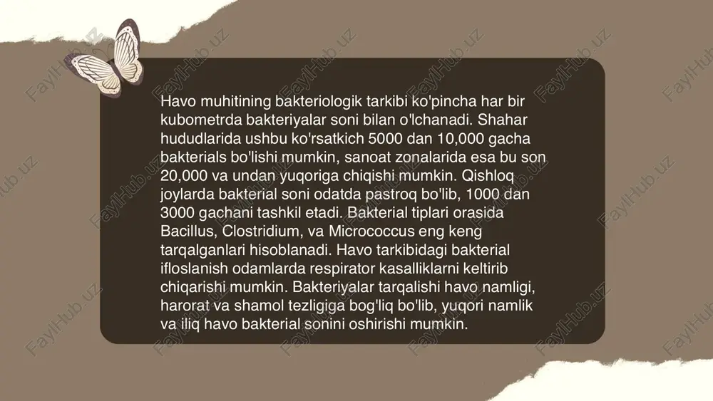 , sanoat korxonalari uchun chiqindilarni kamaytiruvchi texnologiyalarni joriy etish talab qilinadi. bu, masalan, filtrlash tizimlari yoki qoldiq gazlarni tozalash quvvatlarini o'z ichiga olishi mumkin. ikkinchidan, transport sohasida elektr transport vositalarini rag‘batlantirish va jamoat transportining ulushini oshirish orqali ifloslanishni kamaytirish mumkin. shuningdek, energiya tejovchi qurilmalar va qayta tiklanuvchi energiya manbalaridan foydalanishni ko'paytirish zarur. atrof-muhit monitoring tizimlarini rivojlantirish orqali havoning sifatini muntazam nazorat qilish va tijorat faoliyatini ekologik me'yorlarga moslashtirish muhim ahamiyatga ega. kasalxona ichi infeksiyalarini kelib chiqishi uchun havo muhitining bakteriologik ifloslanganligining ahamiyati mahmudova gulnihol e'tiboringiz uchun raxmat!