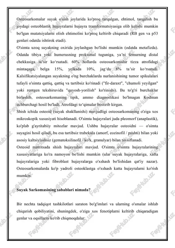 larda buni amalga oshiradi deb taxmin qilinadi. umuman olganda, suyak saratoni va osteosarkoma uchun ham suv fluoridatsiyasi va saraton yoki saraton halokatlari o'rtasida ishonchli bog'liqlik yo'q. bir qator tadqiqotlar shuni ko'rsatdiki, suvdagi fluoridning tarkibi osteosarkomalar bilan aloqasi yo'q. fluorid tashxisi va osteosarkoma o'rtasidagi bog'liqlik haqidagi qarashlar 1990 yilda aqsh milliy toksikologiya dasturining tadqiqotidan kelib chiqadi. unda erkakda fluorid va osteosarkoma o'rtasidagi bog'liqlikning noaniq dalillari topildi. aslida, florrid tabiiy ravishda suv manbalarida mavjud, ammo ko'plab jamoalar tish chirib ketishini minimallashtirishi mumkin bo'lgan nuqtaga qo'shimcha florid qo'shishni tanladilar. fluorid yangi suyak ishlab chiqarishni rag'batlantirish potentsiali bilan ham mashhur. biroq, qo'shimcha tadqiqotlar shuni ko'rsatadiki, fluoridlangan suv odamlarda osteosarkozm xavfini tug'dirmaydi. tadqiqotning asosiy qismi ichimlik suvida turli fluorid konsentratsiyalariga ega boʻlgan ayrim joylarda osteosarkom bemor holatlari sonini izlashni nazarda tutgan. natijada, osteosarkoma bemorlarida o'rta florod konsentratsiyasi va o'simta nazorati suyak namunalari sezilarli darajada farq qilmaydi. suyaklardagi fluorid konsentratsiyasi, shuningdek, osteosarkom bemorlarda fluorid tashxisi sogʻlom …