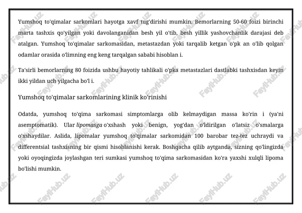 idan shifoxon a biopsiya qilinishi kerak. yumshoq to'qimalar sarkomlarini mikroskopik baholash murakkabdir va hatto mutaxassis sarkoma patologiyasi vaqtni 25-40% orasida histologik diagnostika va o'sma darajasiga mos kelmaydi. shunga qaramay, histologik diagnostika shish hosil qilishda va shishning agressivligi va bemorning prognozini aniqlashda yoki kutilgan klinik natijani aniqlashda eng muhim omil hisoblan i. o'simta bosqichini aniqlashda muhim ahamiyatga ega bo'lgan boshqa omillar hajmi va joylashuvidir. ajratish mutaxassisni davolashni rejalashtirish uchun ishlatil i. yumshoq to'qima sarkomlari, metastazlari yoki limfa nodlariga tarqalishi kam uchraydi. buning o'rniga, o'smalar odatda o'pkaga tarqal i. metastazlarning boshqa joylari suyak, jigar va miy ir. yumshoq to'qimalarni sarcomaning davolash o'simta olib tashlash uchun jarrohlik yumshoq to'qimalar sarkomlari uchun eng keng tarqalgan davolash variantidir. ba'zan jarrohlik kerak. bir vaqtlar qo'l va oyoqlarning sarkomalarini davolash uchun amputatsiya tez-tez bajarildi. yaxshiyamki, bugungi kunda keng tarqalgan jarrohlik amaliyoti keng tarqalgan. yumshoq to'qimalarni sarkomini chiqarayotganda, o'simta atrofdagi sog'lom to'qimalarni yoki chekka qismini chiqarib tashlagan holda …