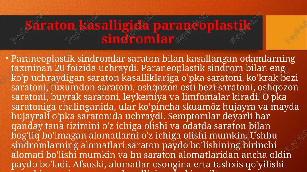 , natijada terining va yumshoq to'qimalarning yallig'lanishiga olib keladi (polimiyozit / dermatomiyozit). bu skuamöz hujayrali o'pka saratoni bilan eng ko'p uchraydi. nevrologik sindromlar o'pka saratoni bilan paraneoplastik sindromlarni ifodalashi mumkin bo'lgan bir nechta nevrologik sindromlar mavjud, ularning bir misoli serebellar ataksiya bo'lib, miyaning yallig'lanishi koordinatsiya etishmasligiga olib keladi. paraneoplastik glomerulopatiya ba'zi o'pka shishi buyrak shikastlanishiga olib keladigan moddalarni ajratadi, bunga paraneoplastik glomerulopatiya misol bo'la oladi. muolajalar paraneoplastik sindromlar alomatlari bo'yicha juda xilma-xil bo'lib, hatto ushbu o'ziga xos sindromlardan birining sabablari ham bo'lishi mumkin. shu sababli davolanishni har bir alohida saraton va sindrom uchun moslashtirish kerak bo'ladi. umuman olganda, ushbu sindromlarning har qandayida eng yaxshi davo (ayniqsa, ushbu alomatlarni keltirib chiqaradigan moddalar odatda saraton hujayralari tomonidan yoki organizm tomonidan saraton hujayralariga reaktsiya sifatida ishlab chiqarilganligi sababli) asosiy saratonni davolashdir. immunitet tizimi tomonidan modda ishlab chiqarilganda (otoimmun javob), kortikosteroidlar kabi davolash usullari yoki immunitetni kamaytirish uchun boshqa muolajalar kerak bo'lishi mumkin. yaxshiyamki, …