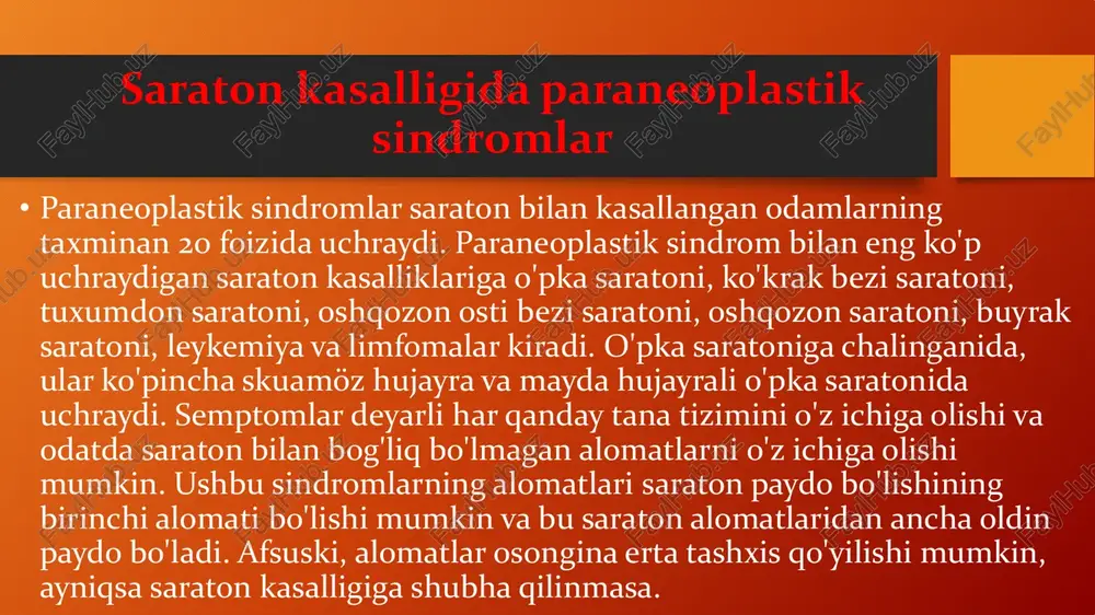 ajratib turadi, ular yuzni yuvish va diareyaga olib kelishi mumkin polimiyozit / dermatomiyozit •ba'zi o'pka o'smalari moddalarni ajratib chiqaradi, natijada terining va yumshoq to'qimalarning yallig'lanishiga olib keladi (polimiyozit / dermatomiyozit). bu skuamöz hujayrali o'pka saratoni bilan eng ko'p uchraydi. nevrologik sindromlar • o'pka saratoni bilan paraneoplastik sindromlarni ifodalashi mumkin bo'lgan bir nechta nevrologik sindromlar mavjud, ularning bir misoli serebellar ataksiya bo'lib, miyaning yallig'lanishi koordinatsiya etishmasligiga olib keladi. paraneoplastik glomerulopatiya •ba'zi o'pka shishi buyrak shikastlanishiga olib keladigan moddalarni ajratadi, bunga paraneoplastik glomerulopatiya misol bo'la oladi. muolajalar • paraneoplastik sindromlar alomatlari bo'yicha juda xilma-xil bo'lib, hatto ushbu o'ziga xos sindromlardan birining sabablari ham bo'lishi mumkin. shu sababli davolanishni har bir alohida saraton va sindrom uchun moslashtirish kerak bo'ladi. • umuman olganda, ushbu sindromlarning har qandayida eng yaxshi davo (ayniqsa, ushbu alomatlarni keltirib chiqaradigan moddalar odatda saraton hujayralari tomonidan yoki organizm tomonidan saraton hujayralariga reaktsiya sifatida ishlab chiqarilganligi sababli) asosiy saratonni davolashdir. • …