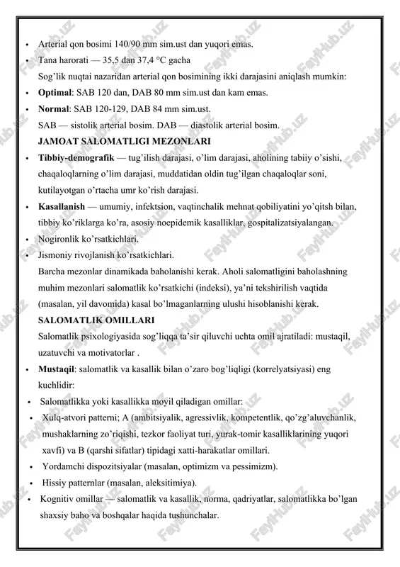 bosim. dab — diastolik arterial bosim. jamoat salomatligi mezonlari · tibbiy-demografik — tug’ilish darajasi, o’lim darajasi, aholining tabiiy o’sishi, chaqaloqlarning o’lim darajasi, muddatidan oldin tug’ilgan chaqaloqlar soni, kutilayotgan o’rtacha umr ko’rish darajasi. · kasallanish — umumiy, infektsion, vaqtinchalik mehnat qobiliyatini yo’qitsh bilan, tibbiy ko’riklarga ko’ra, asosiy noepidemik kasalliklar, gospitalizatsiyalangan. · nogironlik ko’rsatkichlari. · jismoniy rivojlanish ko’rsatkichlari. barcha mezonlar dinamikada baholanishi kerak. aholi salomatligini baholashning muhim mezonlari salomatlik ko’rsatkichi (indeksi), ya’ni tekshirilish vaqtida (masalan, yil davomida) kasal bo’lmaganlarning ulushi hisoblanishi kerak. salomatlik omillari salomatlik psixologiyasida sog’liqqa ta’sir qiluvchi uchta omil ajratiladi: mustaqil, uzatuvchi va motivatorlar . · mustaqil: salomatlik va kasallik bilan o’zaro bog’liqligi (korrelyatsiyasi) eng kuchlidir: · salomatlikka yoki kasallikka moyil qiladigan omillar: · xulq-atvori patterni; a (ambitsiyalik, agressivlik, kompetentlik, qo’zg’aluvchanlik, mushaklarning zo’riqishi, tezkor faoliyat turi, yurak-tomir kasalliklarining yuqori xavfi) va b (qarshi sifatlar) tipidagi xatti-harakatlar omillari. · yordamchi dispozitsiyalar (masalan, optimizm va pessimizm). · hissiy patternlar (masalan, aleksitimiya). · …