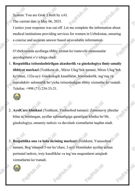 uchun davolash, dori-darmon va murakkab jarrohlik amaliyotlari xarajatlari jamg‘arma hisobidan qoplanadi. tibbiy xizmatlar viloyat yoki respublika darajasidagi muassasalarda taqdim etiladi. yo‘l xarajatlari ham qoplab berilishi mumkin. 5. mahalliy tibbiyot birlashmalari va poliklinikalar: har bir tuman va shaharda joylashgan oilaviy shifokorlar punktlari va poliklinikalar ayollar uchun umumiy tibbiy xizmatlar, profilaktik ko‘riklar va asosiy ginekologik yordam ko‘rsatadi. qayd: tibbiy xizmatlarning aksariyati davlat muassasalarida bepul yoki imtiyozli shartlarda taqdim etiladi, ammo ayrim xizmatlar pulli bo‘lishi mumkin. maxsus xizmatlar uchun yo‘llanma talab qilinishi mumkin. qo‘shimcha ma’lumot olish uchun sog‘liqni saqlash vazirligining rasmiy sayti (gov.uz) yoki mahalliy tibbiy muassasalarga murojaat qiling. dispanserizatsiya-bu aholi salomatligini kuzatib borish va ilmiy asoslangan ijtimoiy-iqtisodiy, tashkiliy, sanitariya-sog'lomlashtirish, davolash-profilaktika va epidemiyaga qarshi chora-tadbirlar tizimini faol usuli, sog'likni saqlash va tez tiklash, morbiditeyi, mehnat va ijtimoiy reabilitatsiyani kamaytirishga qaratilgan. har qanday mutaxassislik shifokorlari erta, klinikadan oldingi bosqichlarda kasalliklarni aniqlash, bemorlarni muntazam (dinamik) kuzatish, o'z vaqtida va sifatli davolash, kasalliklarning kelib chiqishi va …