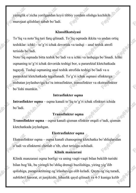 (baliq suyagi, meva danaklari va boshqalar) natijasida ham kelib chiqishi mumkin. ko‘p yillik tajriba va kuzatish natijasi shuni ko‘rsatadiki, kasallikning boshlanishi to‘g‘ri ichak devoridagi anal bezchalari ochiladigan anal kriptlari orqali o‘tgan mikrofloralar pararektal, ya’ni to‘g‘ri ichak atrofidagi yog‘ to‘qimalariga tushib rivojlana boshlaydi. ushbu muammo bilan shug‘ullangan olimlarning fikricha, deyarli hamma holatda paraproktitning ichki teshigi to‘g‘ri ichak devorida, ya’ni anal kriptlarida bo‘ladi. demak, o‘tkir paraproktit rivojlanishida “anal kripta”lar yallig‘lanib, o‘z faoliyatining buzilishi asosiy sabablardandir. o‘tkir paraproktitning turlari etiologik omilga ko‘ra: · nospetsifik; · spetsifik; · postravmatik. abssesslar, infiltratlarning joylashuvi bo‘yicha: · teri osti va shilliq qavat osti; · o‘tirg‘ich-to‘g‘ri ichak; · tos-to‘g‘ri ichak; · to‘g‘ri ichak orti. o‘tkir paraproktit belgilari kasallik odatda o‘tkir boshlanadi, prodromal davrdan so‘ng – 3 kunda tana harorati ko‘tarilishi, titroq, to‘g‘ri ichakda, oraliqda kuchayib boruvchi og‘riqlar. ushbu simptomlarning namoyon bo‘lish darajasi har xil bo‘lishi mumkin, bu narsa jarayonning joylashuviga, mikrofloraga va organizm kurashuvchanligiga bog‘lik. ba’zi hollarda klinik …