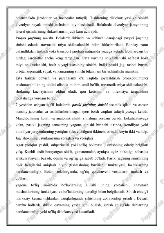 ngan bo'lak juda harakatchan bo'lishi mumkin, bu to'liq sinishlarda kuzatiladi, harakatchanlik cheklangan, og'iz bo'shlig'i ichida, yon tomonga, old tomonga boshqa pozitsiyaga ega (zarba yo'nalishi bo'yicha aniqlanadi). tish disokklyuziyasi doimo qayd etiladi. tashxis rentgen tekshiruvi variantini diqqat bilan tanlashni talab qiladi (sinish chizig'i har doim ham ko'rinmaydi). yuqori jag'ning alveolyar jarayonining sinishi bilan bir vaqtda, pastki jag'ning alveolyar jarayonining sinishi mumkin (velosipeddan yiqilish, belanchakda jarohatlar va boshqalar tufayli). tishlarning dislokatsiyasi va sinishi alveolyar suyak sinishi tashxisini qiyinlashtiradi. bolalarda alveolyar jarayonning lateral qismlarining shikastlanishi juda kam uchraydi. yuqori jag'ning sinishi. bolalarda ikkinchi va uchinchi darajadagi yuqori jag'ning sinishi odatda travmatik miya shikastlanishi bilan birlashtiriladi. bunday zarar balandlikdan tushish yoki transport jarohati natijasida yuzaga keladi. bolalardagi bu turdagi jarohatlar ancha keng tarqalgan. o'rta yuzning shikastlanishi nafaqat bosh miya shikastlanishi, bosh suyagi asosining sinishi, balki pastki jag, tashqi burun, orbita, zigomatik suyak va kamarning sinishi bilan ham birlashtirilishi mumkin. erta tashxis qo'yish va parchalarni …