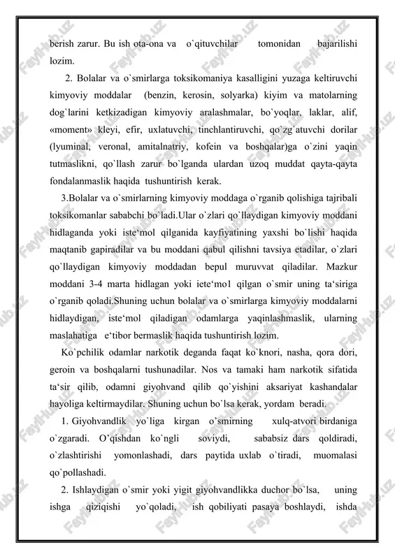i va barglari selofan xaltaga solingan qoradori, ampulada dori, shprits va ignalar, tabletkalar bo`ladi. 4. giyohvand o`ziga tanqidiy ko`z bilan qarash qobiliyatini yo`qotadi. uning kiyimlari g`ijim, kir, yirtiq, soch va soqoli o`sgan, umuman tashqi qiyofasi ko`rimsiz holatda bo`ladi. 5. aksariyat giyohvandlarning tashqi qiyofasida yoshiga nisbatan erta qarish belgilari paydo bo`ladi: terisi quruqlashgan, yuzida tirishlar, sochi rangsizlanadi, erta oqaradi va to`kiladi, tirnoqlari sinuvchan bo`lib qoladi.terisi oqimtir sarg`ich, qovoqlari shishgan, terisida tez-tez yiringli donachalar paydo bo`ladi. 6. narkotikni in`yeksiya qilish orqali qabul qiladigan giyohvandlarning bilak, bo`yin, oyoqning shiq sohasidagi vena tomirlari bo`ylab terisida igna sanchilgan o`rni bo`ladi. 7. giyohvandda ijtimoiy faollik umuman yo`qoladi.u hech narsaga qiziqmaydi.ota-ona, aka-uka, oila, farzand muammolari uniig hayoliga kelmaydi. uning asosiy intilishi pul topib narkotik sotib olish, uni o`z vaqtida qabul qilishdan iborat bo`ladi. narkotik sotib olish uchun har kuni pul topish kerak. pulni esa ishlab topa olmaydi. shu sababli o`g`irlik, tovlamachilik qiladi. u obro`, sharm-hayo, uyalish. vijdon …