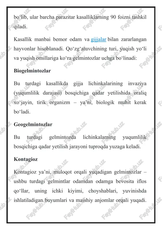 ilan ishlagandan so‘ng va bolalar ko‘chada o‘ynab kelganda qo‘lni sovun bilan yaxshilab yuvish lozim. shuningdek, tirnoqlarni kalta qilib olish zarur. polizda, bog‘da ishlash vaqtida qo‘lni og‘izga solishdan saqlanish kerak. ayniqsa, qo‘lni og‘izga tiqish kabi salbiy odat ko‘pincha yosh bolalarga xos. gijja tuxumlarini meva-sabzavotlar va ko‘katlar orqali yuqishini oldini olish uchun ularni oqar suvda yaxshilab yuvish shart. ko‘katlarni avval sho‘r suvda ivitib qo‘yib, keyin oqar suvda obdon yuvib, so‘ngra iste’mol qilish tavsiya etiladi. uyda va maktabgacha ta’lim muassasalarida bolalarni parvarish kilishda ishlatiladigan buyumlar va o‘yinchoqlarning toza saqlanishiga doim e’tibor qilish zarur. bolalar tuvagi, stullar, o‘yinchoqlar, hojatxona eshigi va poli har kuni zararsizlantiruvchi vositalar yoki qaynoq suv bilan yaxshilab tozalanishi shart. havodagi chang bilan birga gijja tuxumlarini og‘iz va nafas olish yo‘llari orqali organizmga tushishini oldini olish maqsadida xonalarda muntazam namli tozalash ishlari olib borilishi, hovlilar suv sepib supirilishi maqsadga muvofiqdir. ochiq suv havzalari suvini faqat qaynatib ichish, har doim yaxshi pishirilgan …