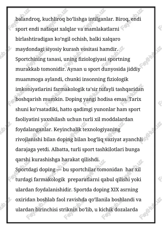 o’mitasining antidoping ro’yxatiga muvofiq har yili yangilanadi. butunjahon antidoping kodeksida barcha sport turlarida dopingga qarshi choralar istisnosiz berilgan. har yili butunjahon antidoping agentligi har tomonlama tadqiqotlar olib borish, taqiqlangan dorilar ro’yxatini tuzish, dunyo bo’ylab laboratoriyalarni akkreditatsiya qilish, ko’rib chiqilayotgan muammoga bag’ishlangan turli xil simpoziumlarni o’tkazish bo’yicha katta ishlarni amalga oshiradi. butunjahon antidoping kodeksi sport musobaqalari deb tasniflangan barcha sohalarga nisbatan qo’llaniladi. ya’ni, bu sportchilar, ularning murabbiylari, musobaqalarda qatnashadigan sportchilar bilan ishlaydigan tibbiy xodimlar (shuningdek, musobaqalar oldidan mashg’ulotlar paytida) va boshqalar. barcha sportchilar o’z tanalariga taqiqlangan farmakologik moddalarni kiritishining oldini olishga majburdirlar. aynan shu yerda jahon antidoping kodeksida, xalqaro olimpiya qo’mitasining tibbiy kodeksida va boshqa aksariyat antidoping qoidalarida qabul qilingan ob’ektiv javobgarlik printsipi amalga oshiriladi. ushbu printsipga ko’ra, antidoping talablariga rioya qilmaslik, sportchidan olingan namunadagi taqiqlangan moddalarni yoki ularning belgilarini aniqlashdan iborat. dopingdan foydalanish faktini aniqlash uchun doping nazorati o’tkaziladi. doping nazorati — bu sportchilarning tanalarida ishlatilishi taqiqlangan moddalar mavjudligini aniqlash …