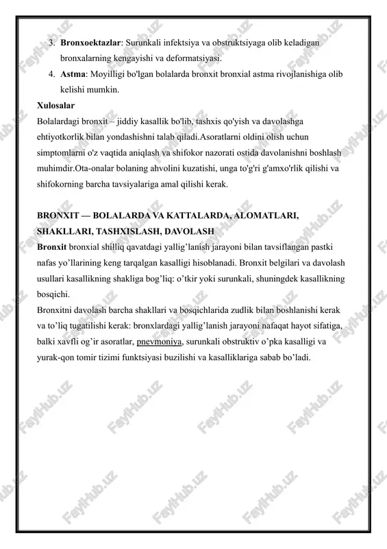 urug’lar (kandida, aspergilla). 85% hollarda viruslar infektsiya jarayonining sababchisi bo’lib qoladi. biroq, ko’p hollarda immunitetning pasayishi, virusli infektsiyalarning mavjudligi sabab patogen floraning (organizmda mavjud stafilokokklar, streptokokklar) faollashishiga olib keladi va natijada aralash florali yallig’lanish jarayoni rivojlanishi kuzatiladi. patogen floraning asosiy va faol qismlarini aniqlash kasallikni samarali davolash uchun zaruriy shart hisoblanadi. zamburug’ etiologiyali bronxit nisbatan kamroq tarqalgan: normal immunitet bo’lganda bronxlarda zamburug’li floraning rivojlanishi deyarli imkonsiz. bronxial shilliq qavatning zamburug’lar bilan shikastlanishi immun tizimining sezilarili buzilishlarida kuzatiladi: tug’ma yoki orttirilgan immunotanqislik, radiatsiya yoki kimyoterapiya, saratonga uchragan bemorlarning sitostatik preparatlar qabul qilishi. kasallikning o’tkir va surunkali shakllarini rivojlantiruvchi boshqa omillar: · yuqori nafas yo’llarida surunkali infektsiya o’choqlari; · uzoq vaqt ifloslangan havodan nafas olish (chang, sochiluvchi materiallar, tutun, bug’lar, gazlar), shu jumladan tamaki mahsulotlarini chekish; · bronx-o’pka tizimi organlari patologiyasi. bronxitni tasniflash kasallikning tasnifida ikkita asosiy shakl ajratiladi: o’tkir va surunkali. bu ikki shakl ko’rsatkichlar, belgilar, simptomlar, kasallikning davomiyligi va davolash …