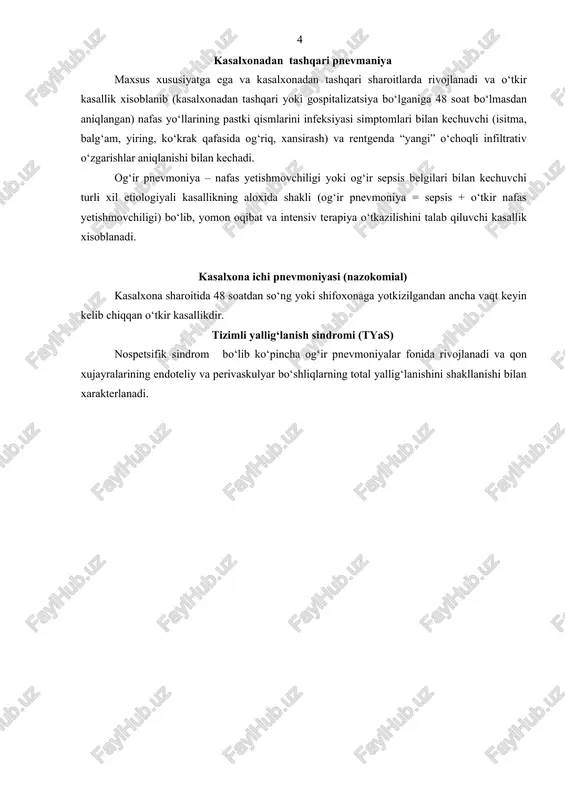 n so‘ng ko‘zg‘atuvchining aniqlanishi va an’anaviy uslublardan qo‘llanilganda xujayra ichi kultura (namuna)sini ajralishini iloji yo‘qligi pnevmoniyadan pulmonologikkontinium xavfi oshishi va yetarlicha ma’lumot berilmasligi sababli pnevmoniyaning etiologik klassifikauiyasi kam ishlatilmoqda. umuman olganda, antibiotikni 1 chi dozasini 4-8 g yuborilishini kechiktirishi pnevmoniyadan o‘limini o‘sishiga olib keladi. pnevmoniyalarning muammolari ichida amaliyotga zamonaviy klinik tavsiyanomalarni yetarlicha kiritilmaganligi, amaliyotchi shifokorlarning yetarlicha ma’lumotga ega emasligi shifokorlarni tavsiyanomalar bilan ishlashni xoxlamaganligi yoki shifokorlarni tavsiyanomalarning xulosalari bilan rozi bo‘lmasliklari katta to‘siq bo‘lmoqda. ushbu aytilgan xulosalarni cheklash, “oxirgi nuqtalarni” kamayishiga shifoxonalarga yotkizish sonini, o‘lim va dori terapiyasining xavfini kamaytiradi. 14 pnevmaniya shunisi bilan xavfliki o‘pkadagi yallig‘lanish jarayoni to‘xtamaydi, buning kabi xolda o‘pka enfizemasi, o‘pka interstitsial kasalliklari rivojlanadi, a’zolarni normal qon aylanishi buzilishi bilan kechadi. kasalxonadan tashqari pnevmaniya maxsus xususiyatga ega va kasalxonadan tashqari sharoitlarda rivojlanadi va o‘tkir kasallik xisoblanib (kasalxonadan tashqari yoki gospitalizatsiya bo‘lganiga 48 soat bo‘lmasdan aniqlangan) nafas yo‘llarining pastki qismlarini infeksiyasi simptomlari bilan kechuvchi (isitma, balg‘am, yiring, …