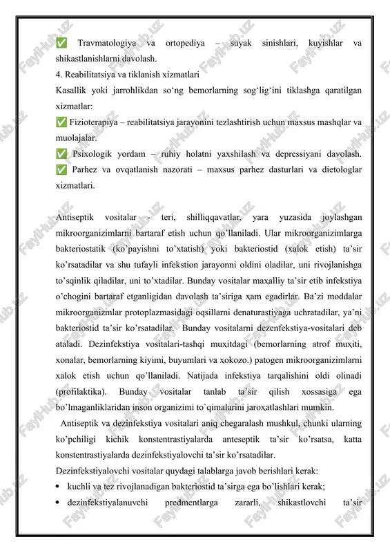 , katta konstentrastiyalarda dezinfekstiyalovchi ta’sir ko’rsatadilar. dezinfekstiyalovchi vositalar quydagi talablarga javob berishlari kerak: · kuchli va tez rivojlanadigan bakteriostid ta’sirga ega bo’lishlari kerak; · dezinfekstiyalanuvchi predmentlarga zararli, shikastlovchi ta’sir ko’rsatmasliklari kerak; · insonlar va uy hayvonlari uchun zararsiz bo’lishlari kerak; · tannarxi arzon bo’lishi kerak; anteseptik va dezinfekstiyalovchi vositalar bundan tashqari quydagi xossalarga ega bo’lishlari kerak: · latent davri qisqa bo’lishi kerak (ya’ni halokatli ta’siri qisqa vaqtda yuzaga chiqishi); · biologik substratlar (balg’am, najas, peshob va hokozo.) bilan aalashganda o’zining faolliklarini yo`qotmasligi kerak ; · turg’un kimyoviy birikma bo’lishi kerak; · iloji boricha odam tanasiga surilmaydigan yoki rezorbtiv ta’sirga ega bo’lmasliklari kerak; · noxush xidga ega bo’llmasliklari kerak; antiseptik vositalarni faolligini fenol koefistenti bilan baholanadi.bu bir xil antimikrob ta’sir ko’rsatuvchi fenol konstentrastiyasining sinalyotgan antiseptik konstentrastiyayasiga nisbati. kimyoviy tuzilishlariga qarab dezinfekstiyalovchi va antiseptik moddalar quydagi guruhlarga bo’linadilar: · detergentlar-sterigel. · nitrofuran-unumlar-furastillin. · fenol va uning hosilalari-toza fenel, rezorstin, kayn qora moyi. …