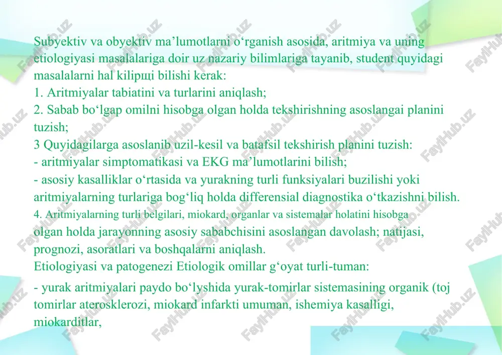 infarkti bo‘lgan bemorlarda va ba’zi bir infeksion kasalliklarda kuzatiladi. u avtomatizm funksiyasi buzilishlarining yuqorida aytib o‘tilgan turli xil shakllari klinik namoyon bo‘lmay, balki qo‘shimcha tekshirishlar yo‘li bilan (ekg va b.) aniqlanadi. yurak aritmiyasi ayrim shakllarining qisqacha ta’rifi ma’lumki, yurak aritmiyalari yurak-tomirlar sistemasining turli xil kasalliklarida va boshqa patologik xolatlarda paydo bo‘ladi; binobarin, aritmiyalar klinikasini bir butunicha jarayonning asosiy sababchi klinikasi, yurak dekompensatsiyasi bilan birga kuzdan kechirish zarur. i. ekstrasistoliya. u miokardit, miokard infarkti bo‘lgan bemorlarda; mitral stenozda, o‘chotsli distrofiyalar, kardiosklerozda va boshqalarda eng ko‘p kuzatiladi. bo‘lma, bo‘lma-qorincha (atrioventrikulyar) va korincha ekstrasistolasi, namoyon bo‘lishiga kura — aritmiya va alloritmiya farq qilinadi. alloritmiya deganda muntazam takrorlanadigan aritmiya, xususan har bir ikkinchi zarbda ekstrasistola — bigeminiya, har bir uchinchi zarbda trigeminiya, har bir to‘rtinchi zarbda kvadrigeminiya paydo bo‘lishini tushunmok. kerak. bundan tashqari, erta va kechikkan ekstrasistolalar farq. qilinadi. 1. subyektiv ma’lumotlar: shikoyatlar bo‘lmaydi yoki bemorlar yurak sohasida yoqimsiz sezgi, yurak urishi, uning notekis …