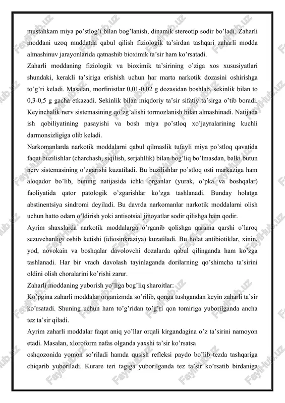 rta qabul qilish natijasida patologik mustahkam miya po’stlog’i bilan bog’lanish, dinamik stereotip sodir bo’ladi. zaharli moddani uzoq muddatda qabul qilish fiziologik ta’sirdan tashqari zaharli modda almashinuv jarayonlarida qatnashib bioximik ta’sir ham ko’rsatadi. zaharli moddaning fiziologik va bioximik ta’sirining o’ziga xos xususiyatlari shundaki, kerakli ta’siriga erishish uchun har marta narkotik dozasini oshirishga to’g’ri keladi. masalan, morfinistlar 0,01-0,02 g dozasidan boshlab, sekinlik bilan to 0,3-0,5 g gacha etkazadi. sekinlik bilan miqdoriy ta’sir sifatiy ta’sirga o’tib boradi. keyinchalik nerv sistemasining qo’zg’alishi tormozlanish bilan almashinadi. natijada ish qobiliyatining pasayishi va bosh miya po’stloq xo’jayralarining kuchli darmonsizligiga olib keladi. narkomanlarda narkotik moddalarni qabul qilmaslik tufayli miya po’stloq qavatida faqat buzilishlar (charchash, siqilish, serjahllik) bilan bog’liq bo’lmasdan, balki butun nerv sistemasining o’zgarishi kuzatiladi. bu buzilishlar po’stloq osti markaziga ham aloqador bo’lib, buning natijasida ichki organlar (yurak, o’pka va boshqalar) faoliyatida qator patologik o’zgarishlar ko’zga tashlanadi. bunday holatga abstinentsiya sindromi deyiladi. bu davrda narkomanlar narkotik moddalarni olish …