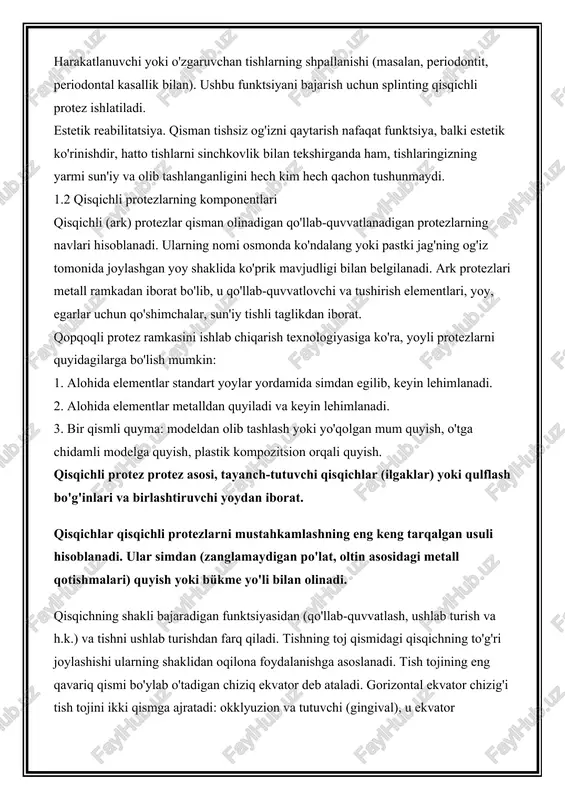 'tadi. ark, qulflash moslamalari yoki qisqichlar sun'iy tishlari bo'lgan plastik to'shak joylashgan quyma ramkaning bir qismidir. quyma ramka maxsus yuqori quvvatli tish qotishmasidan quyiladi va har qanday chaynash yukiga bardosh bera oladi. protez protezining vazifalari: yo'qolgan tishlarni sun'iy tishlarga almashtirish va chaynash funktsiyasini tiklash. harakatlanuvchi yoki o'zgaruvchan tishlarning shpallanishi (masalan, periodontit, periodontal kasallik bilan). ushbu funktsiyani bajarish uchun splinting qisqichli protez ishlatiladi. estetik reabilitatsiya. qisman tishsiz og'izni qaytarish nafaqat funktsiya, balki estetik ko'rinishdir, hatto tishlarni sinchkovlik bilan tekshirganda ham, tishlaringizning yarmi sun'iy va olib tashlanganligini hech kim hech qachon tushunmaydi. 1.2 qisqichli protezlarning komponentlari qisqichli (ark) protezlar qisman olinadigan qo'llab-quvvatlanadigan protezlarning navlari hisoblanadi. ularning nomi osmonda ko'ndalang yoki pastki jag'ning og'iz tomonida joylashgan yoy shaklida ko'prik mavjudligi bilan belgilanadi. ark protezlari metall ramkadan iborat bo'lib, u qo'llab-quvvatlovchi va tushirish elementlari, yoy, egarlar uchun qo'shimchalar, sun'iy tishli taglikdan iborat. qopqoqli protez ramkasini ishlab chiqarish texnologiyasiga ko'ra, yoyli protezlarni quyidagilarga bo'lish mumkin: …