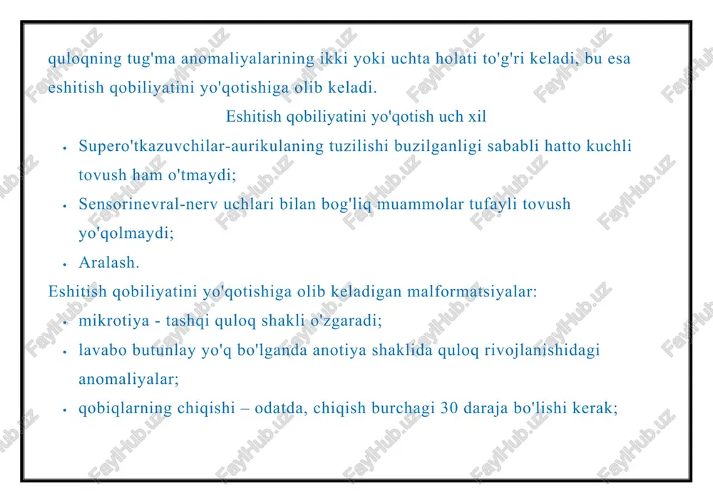 dmardni ro'yxatdan o'tkazish moslamasida bolaning peshonasiga qo'llaniladigan sensorlar mavjud. monitor ekranida shifokorga fikr bildirish va xulosa chiqarish imkoniyatini beradigan ma'lumotlar ko'rsatiladi. dmarddan tashqari, o'rta va ichki quloqdagi o'zgarishlar yordamida aniqlanadi vaqtinchalik suyaklarning rentgenografiyasi. quloq rivojlanishidagi anomaliyalar. davolash usullari yangi tug'ilgan chaqaloqlarni davolashni iloji boricha erta boshlash kerak. bola hayotning birinchi haftalari va oylarida juda ko'p ma'lumot oladi. ovoz signallarining etishmasligi miyaning to'g'ri shakllanishiga to'sqinlik qiladi, bu esa aqliy rivojlanishning kechikishiga olib keladi. eshitish organlarining tug'ma anomaliyalarini davolash uchun asosan jarrohlik usuli yoki eshitish vositasini kiyish qo'llaniladi. og'ir holatlarda audiopedagogik tuzatish qo'llaniladi. meniere kasalligi bilan tibbiy usul mumkin.