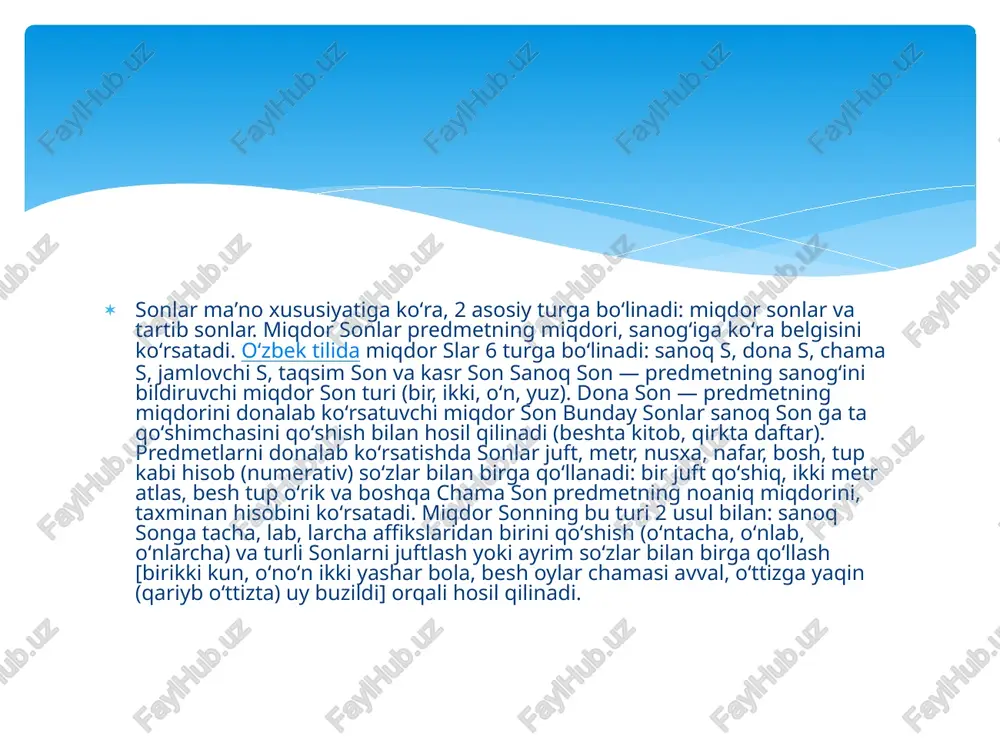 lashuvini ko'rsatadigan sonlardir. ular sanashda ketma-ketlikni bildj va har doim tartibda bo'lishi kerak. ‘son ma'no jihatdan larga ko't sss tartio soniar sanoq soniarga -nchi, - inchi *_ go'shimchalarini qo'shish orqali hosil qilinadi. nechanch? kabi serogiga javeb botad, ular raqam bilan yozilganda (-) go'yiladi. 7- sinf ¥ “kim tez topadi’ o’yini orgqali son ishtirokidagi magollarni sonli ifodalar yordamida = -nchi = - inchi = — ———} 10,20,30,4050,60, —_100,200,300,40 12.3.45,6,7.8,9 70,80,90 0,500,600,700, 800,900 i /docprops/thumbnail.jpeg sanogq va tartib sonlar
