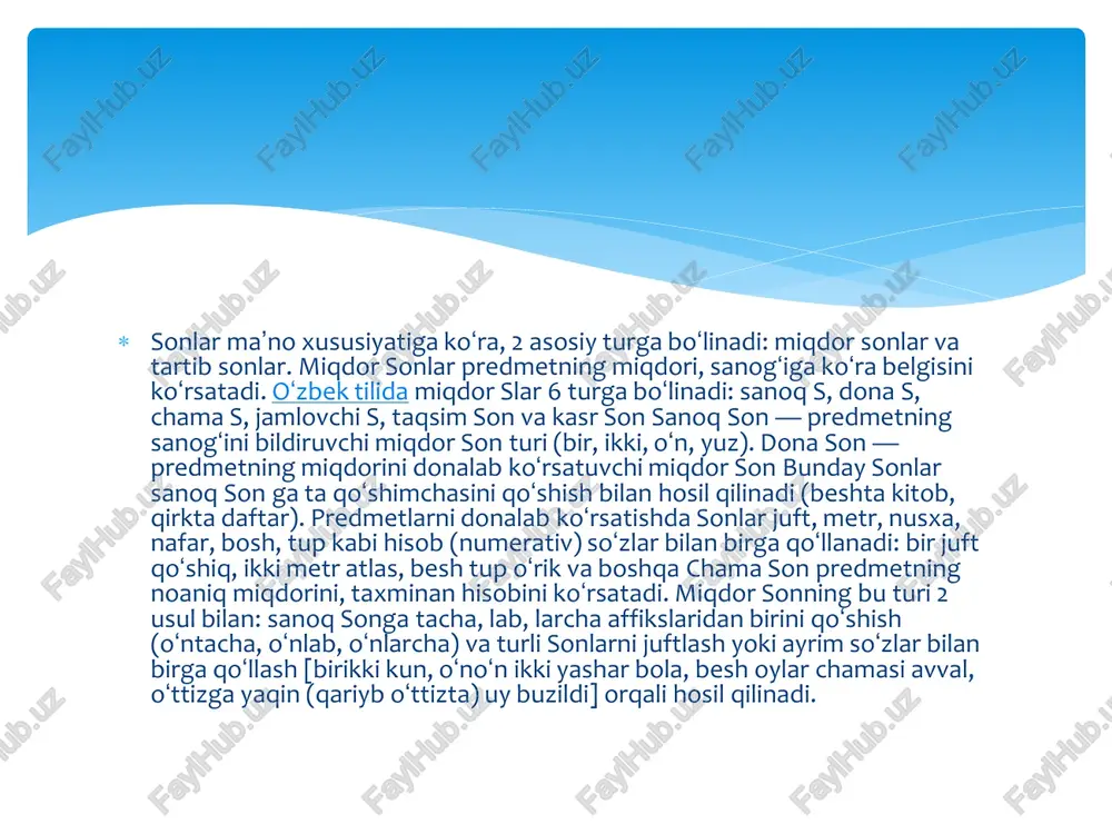 feʼllarda harakatni bir (yakka) shaxs bajarishini (oldim, kelding, koʻraman, oʻqiysan, boradi) bildiradi; koʻplik  sonlar ko‘pincha raqamlar bilan yoziladi:  1) arab raqamlari bilan 0, 1, 2, 3, 4, 5, 6, 7, 8, 9.  2) rim raqamlari bilan: birliklar: i (1), ii (2), iii(3), iv(4), v (5), vi (6), vii (7), viii (8), ix (9); o‘nliklar: x (10), xx(20), xxx(30), xl(40), l (50) lx (60), lxx (70), lxxx (80), xc(90); yuzliklar: c (100), cc (200), ccc (300), cd (400), d (500), dc (600), dcc (700), dccc (800), cm (900); mingliklar: m (1000), mm (2000), mmm (3000) ...  tartipli sanlar  “-nçı, -nçi, -unçu, -ünçü ”  birinçi, i̇kkinçi, üçünçü, törtünçü, beşinçi, altınçı, yettinçi, sekkizinçi, toqquzunçu, onunçu. yigirmençi, ottuzunçu, qırqınçı, elliginçi, altmışınçı, yetmişinçi, sekkseninçi, toqsanınçı, yüzünçü, miƞginçi, millionunçu  sonning ma’no turlari  son ma’no jihatdan va grammatik xususiyatlarga ko‘ra ikki guruhga bo‘linadi: sanoq sonlar va tartib sonlar.  …