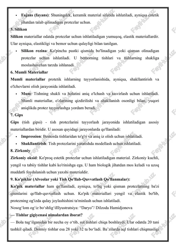 iqsa estetik jihatdan talab qilinadigan protezlar uchun. 5. silikon silikon materiallar odatda protezlar uchun ishlatiladigan yumuşoq, elastik materiallardir. ular ayniqsa, elastikligi va bemor uchun qulayligi bilan tanilgan. · silikon rezina: ko'pincha pastki qismida bo'linadigan yoki qisman olinadigan protezlar uchun ishlatiladi. u bemorning tishlari va tishlarning shakliga moslashuvchan tarzda ishlanadi. 6. mumli materiallar mumli materiallar protetik ishlarning tayyorlanishida, ayniqsa, shakllantirish va o'lchovlarni olish jarayonida ishlatiladi. · mum: tishning shakli va holatini aniq o'lchash va tasvirlash uchun ishlatiladi. mumli materiallar, o'zlarining qizdirilishi va shakllanish osonligi bilan, yuqori aniqlikda protez tayyorlashga yordam beradi. 7. gips gips (tish gipsi) - tish protezlarini tayyorlash jarayonida ishlatiladigan asosiy materiallardan biridir. u asosan quyidagi jarayonlarda qo'llaniladi: · impression: bemorda tishlaridan to'g'ri va aniq iz olish uchun ishlatiladi. · shakllantirish: tish protezlarini yaratishda modellash uchun ishlatiladi. 8. zirkoniy zirkoniy oksid: ko'proq estetik protezlar uchun ishlatiladigan material. zirkoniy kuchli, yengil va tabiiy tishlar kabi ko'rinishga ega. u ham biologik …