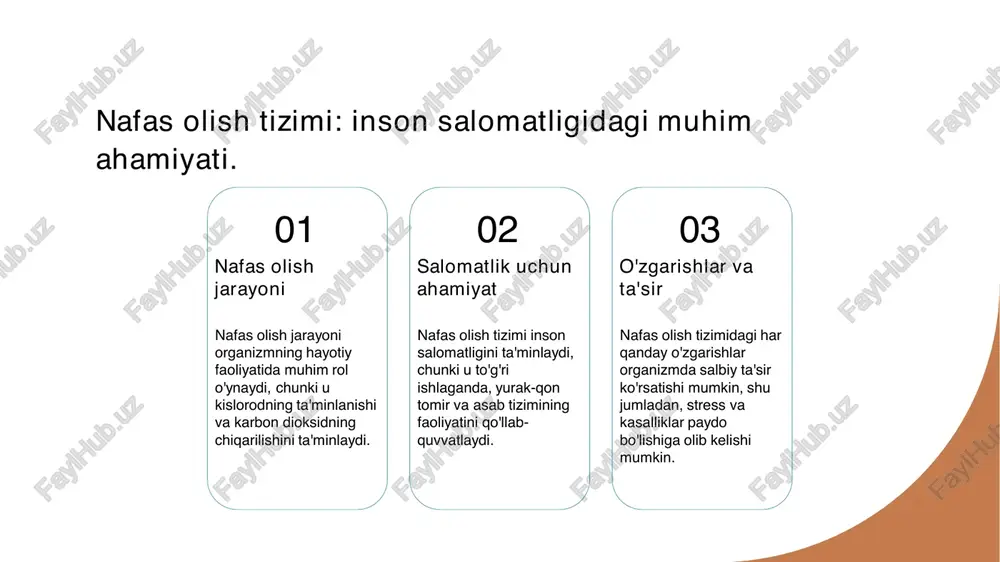 lar o'zaro aloqada bo'lib, organizmning ehtiyojlariga mos ravishda javob beradi. 3 retseptorlar va ta'sir kimyoviy retseptorlar, qonning kislorod va karbon dioksid darajasini sezib, nafas olish chastotasini o'zgartirish orqali organizmni muvofiqlashtiradi. 4 stress va nafas olish stress holatlari nerv tizimining faoliyatini o'zgartiradi, bu esa nafas olish tezligini oshirib, organizmda giperventilyatsiyaga olib kelishi mumkin. gormonlar va nafas olish: reglamentatsiya jarayonlari. gormonlar va nafas olish gormonlar, nafas olish jarayonini boshqarishda asosiy rol o'ynaydi. ular organizmning turli tizimlari bilan o'zaro aloqada bo'lib, nafas olishni nazorat qiladi. respirator gormonlar respirator gormonlar, masalan, adrenalina va kortizol, nafas olish tezligini oshirib, stress paytida organizmni tayyorlaydi. ular kislorod yetkazib berishni yaxshilaydi. gormonlar va regulyatsiya gormonlar, nafas olish jarayonini regulyatsiya qilish orqali, organizmning muvozanatini saqlaydi. bu jarayonlar, ortiqcha karbondioksid va kislorod miqdorini nazorat qiladi. naqshli va to'g'ri nafas olish: muhim qoidalar va amaliyotlar. 1 naqshli nafas olish naqshli nafas olish jarayoni, nafas olishning ritmik va tartibga solingan shaklini ifodalaydi, …