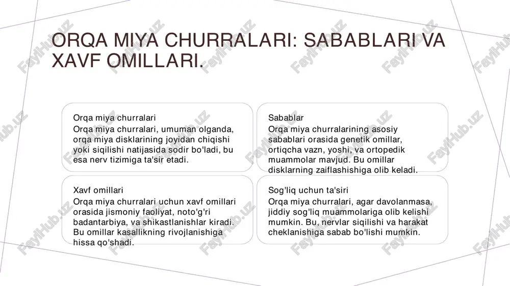 ioterapiya va uning ahamiyati. fizioterapiya ahamiyati muolajalar va usullar tiklanish jarayoni fizioterapiya, orqa miya churralaridan keyin bemorlarning tiklanish jarayonida muhim rol o'ynaydi, og'riqni kamaytirishga va harakatni tiklashga yordam beradi. fizioterapiya muolajalari, masalan, massaj, elektroterapiya va mashqlar, bemorning individual ehtiyojlariga mos ravishda tanlanadi va qo'llaniladi. tiklanish jarayonida fizioterapiya, bemorning kuch va moslashuvchanligini oshirish, jarohatlarni oldini olish va to'g'ri harakat mexanizmini o'rganishga yordam beradi. xulosa 01 orqa miya churralari haqida umumiy ma'lumot orqa miya churralari, ularning turlari va sabablari haqida ma'lumotlar, bemorlar uchun muhim ahamiyatga ega. tashxis qo'yish jarayonida e'tiborli bo'lish zarur. 02 zamonaviy davolash usullari jarrohlik amaliyotlari va innovatsion texnikalar, orqa miya churralarini davolashda samaradorlikni oshiradi. bular bemorlarning tiklanish jarayonini tezlashtiradi. 03 reabilitatsiyaning ahamiyati reabilitatsiya jarayoni, bemorlarni qo'llab- quvvatlash va fizioterapiya yordamida amalga oshiriladi. bu, tiklanish jarayonida muhim rol o'ynaydi va natijalarni yaxshilaydi.