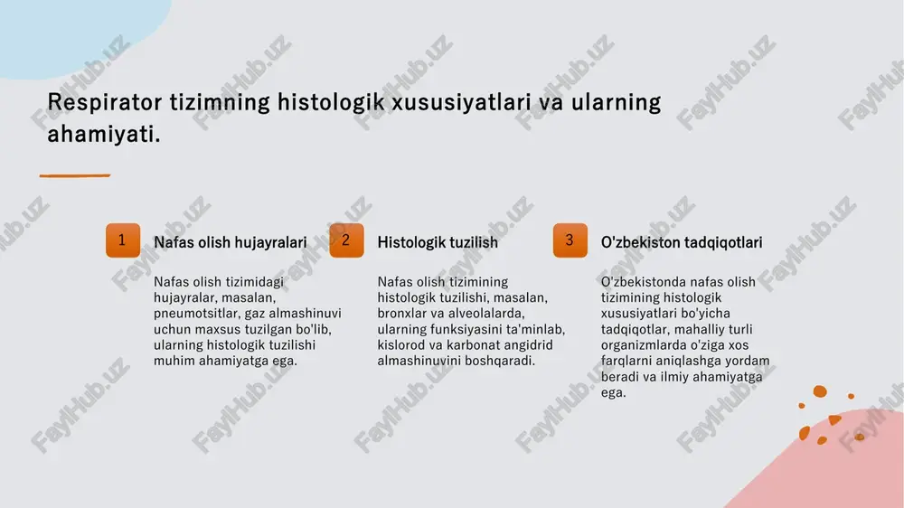 qushlar ko'proq havoni samarali ishlatish uchun havo saqlovchi yo'llarga ega. fiziologik farqlar turli organizmlardagi nafas olish jarayonlari ham farq qiladi. masalan, baliqlarda gillalar orqali nafas olish, qushlarda esa o'pkalar orqali kislorod olish mavjud. o'zbekistonda nafas olish tizimi a'zolarining histologik tadqiqotlari. 1 o'zbekiston tadqiqotlari - o'zbekistonda nafas olish tizimi a'zolarining histologik tadqiqotlari mamlakatimiz biologiya fanining rivojlanishida muhim rol o'ynaydi. 2 mahalliy o'simliklar - o'zbekistondagi nafas olish tizimi a'zolari tadqiqotlari, mahalliy o'simlik va hayvonlarni o'rganish orqali ularning histologik xususiyatlarini aniqlashga qaratilgan. 3 tarixiy rivojlanish - o'zbekistonda nafas olish tizimi histologiyasi bo'yicha tadqiqotlar tarixiy jihatdan 20-asrning o'rtalarida boshlangan va hozirgacha davom etmoqda. 4 zamonaviy yondashuvlar - bugungi kunda, o'zbekistonda yangi texnologiyalar va metodologiyalar yordamida nafas olish tizimi a'zolarining histologik tadqiqotlari olib borilmoqda, bu natijalarni yanada boyitadi. o'zbekistonning biologik tadqiqotlarida zamonaviy usullar va yondashuvlar. 1 zamonaviy usullar o'zbekistonda biologik tadqiqotlarda zamonaviy usullar, masalan, genetik tahlil va molekulyar biologiya, tadqiqotlarning aniqligini va samaradorligini oshirmoqda. 2 …