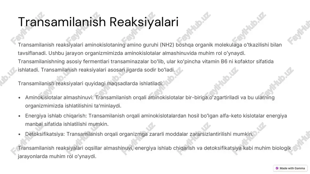 =made-with-gamma monoaminooksidazalar faoliyati monoaminooksidazalar (mao) – bu fermentlar guruhi boʻlib, ular asab tizimida turli xil nevrotransmitterlarning faolligini tartibga soladi. mao fermentlari asab tizimida uchraydigan nevrotransmitterlar, jumladan, serotonin, dopamin, norepinefrin va epinefrinning parchalanishini katalizlaydi. mao fermentlari ikki asosiy turga boʻlinadi: mao-a va mao-b. mao-a serotonin, norepinefrin va dopaminning parchalanishida ishtirok etadi, mao-b esa asosan dopaminni parchalanishida ishtirok etadi. mao fermentlarining faoliyati nevrotransmitterlarning darajasini tartibga solishda muhim rol oʻynaydi, bu esa kayfiyat, uyqu, diqqat va xotira kabi turli xil asab tizimining faoliyatlarini taʼsir qiladi. mao fermentlari asab tizimining normal faoliyatini saqlashda muhim rol oʻynaydi. biroq, mao fermentlarining faoliyati buzilganda, turli xil psixologik va fiziologik buzilishlar, jumladan, depressiya, tashvish, uyqusizlik va alkogolga bogʻliqlik kabi muammolar paydo boʻlishi mumkin. https://gamma.app/?utm_source=made-with-gamma aminokislotalar sintezining asosiy yoʻllari aminokislotalar organizmimizda turli xil yoʻllar bilan sintezlanishi mumkin. aminokislotalar sintezining asosiy yoʻllari quyidagilar: • de novo sintez: ushbu jarayonda aminokislotalar oddiy organik molekulalardan, masalan, piruvat, alfa- ketoglutarat va oksaloasetatdan sintezlanadi. …