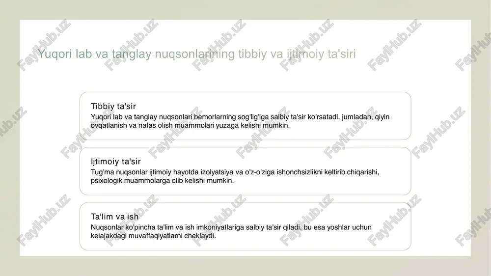 ning hayot sifatiga kuchli ta'sir ko'rsatadi. 2 zamonaviy jarrohlik usullari tug'ma nuqsonlar uchun zamonaviy rekonstruktiv jarrohlik usullari estetik va funksional natijalarni yaxshilashda muhim rol o'ynaydi. 3 bemorlar hayotidagi o'zgarishlar rekonstruktiv jarrohlikdan keyin bemorlarning hayoti ko'plab ijobiy o'zgarishlarga duchor bo'ladi, bu esa ularning ijtimoiy integratsiyasini oshiradi. e'tiboringiz uchun rahmat!