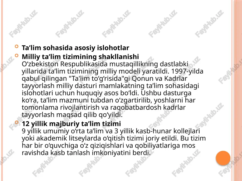 borada xalqimiz ongida xolis tarixiy tafakkur hosil qilishda ham ma’lum ahamiyat kasb etadi. tadqiqot natijalari xx asr va o’zbekiston mustaqilligi yillarida ta’lim va tarbiya tizimidagi islohotlarning mazmuni va mohiyatini o’rganuvchi bitiruv malakavi ishining tuzilishi va hajmi. mazkur bitiruv malakaviy ishi kirish, ikki bob, xulosa, foydalanilgan manba va adabiyotlar ro’yxati hamda ilovadan iborat. i.bob. «mustaqillik yillarida o‘zbekistonda ta’lim tizimining isloh qilinishi» i.1. o‘zbekiston respublikasi prezidenti i. a. karimovning ta’lim sohasini isloh qilish to‘g‘risidagi g‘oyalari. prezidentimiz i. a. karimovning "o‘zbekiston ning o‘z istiqlol va taraqqiyot yo‘li" kitobida shunday deyilgan: - "mustaqil davlatda, tinchlik va osoyishtalikda, g‘oyaviy chalkashliklar va temir parda"dan xalos bo‘lib, biz umumbashariy qadriyatlarning eng birinchi asosi bo‘lgan xalq insonparvarligi chashmalaridan qadam-baqadam bahramand bo‘lmoqdamiz. ayni shu hol taraqqiyot yo‘lidan dadil borishimiz va butun insoniyat bilan birligimizning eng mustahkam kafolatidir.1 prezidentimiz tomonidan ta’kidlangan umumbashariy qadriyatlarning zaminida albatta, birinchi o‘rinda ta’lim-tarbiya yotadi. insonda qachonki insonparvarlik g‘oyalari ustun bo‘lsa, siyosiy ongi etuk bo‘lsa, atrof-muhitga …
