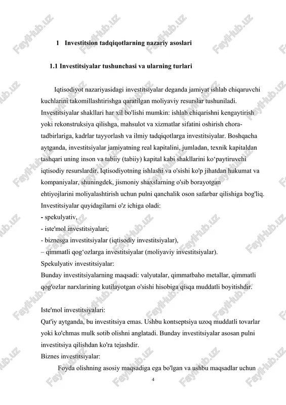ovar-moddiy zaxiralar hajmining o'zgarishi plyus/minus mamlakatning ishlab chiqarish kapitalini qoplash va o'sishi uchun xarajatlar miqdori. yalpi ichki investitsiyalar pul birliklarida yoki yaimga nisbatan foizlarda ifodalanadi. investitsiya maqsadiga qarab investitsiyalar turlari mavjud: – toʻgʻridan-toʻgʻri (bu investorga qimmatli qogʻozlar yoki mulkka toʻgʻridan-toʻgʻri egalik qilish va nazorat qilish huquqini beruvchi investitsiya shaklidir.). – portfel (bilvosita) (bu portfelga investitsiya, boshqacha qilib aytganda, daromad keltiradigan qimmatli qog'ozlar yoki mulkiy qiymatlar to'plami). – real – moddiy ishlab chiqarishga sarmoya kiritish. – moliyaviy bo‘lmagan – kashfiyotlar, patentlar va tovar belgilari ko‘rinishidagi investitsiyalar . ular o'zlarining pul qiymatiga ega bo'lib, investitsiyalar amalga oshirilayotgan faoliyatning o'sishi va samaradorligini bilvosita yoki bevosita rag'batlantiradi. - intelligent e - intellektual faoliyat mahsulotiga pul mablag'lari. texnologiya, fan va patentlarni moliyalashtirish . investitsiyalar xavf darajasiga qarab o'zgaradi : risk deganda investitsiyadan olinadigan daromadning mutlaq yoki nisbiy miqdori kutilganidan kam bo'lishi ehtimoli tushuniladi. investitsiya qilingan mablag'lar daromadining mutlaq yoki nisbiy qiymatlari diapazoni qanchalik keng bo'lsa, …