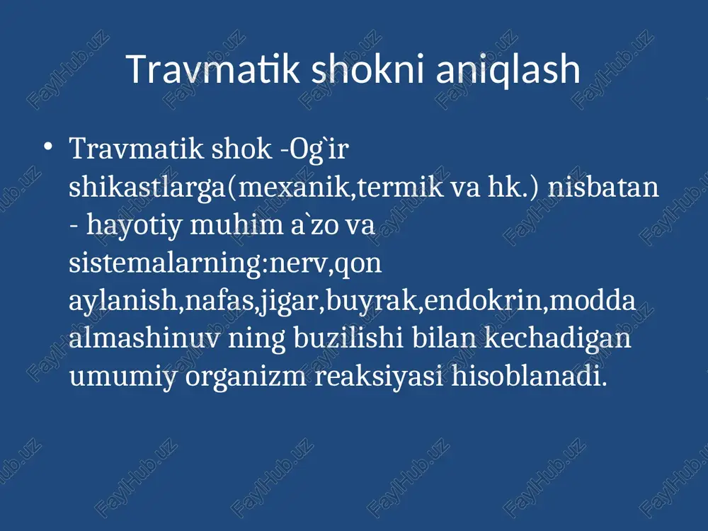 zoq davom etuvchi bosilish sindromi 1. yengil daraja – qo`l oyoqning butunligicha yoki bir qismini 4 soatgacha bosilishi 2. o`rta og`ir daraja – bir qo`l yoki oyoqning 6 soatgacha bosilishi 3. og`ir daraja – bitta qo`l oyoqning 6 soatdan ko`p yoki 2 ta qo`l yoki oyoqning 6 soatgacha bosilishi 4. o`ta og`ir daraja – 2 ta qo`l yoki oyoqning 6 soatdan ham ko`p bosilishi terminal xolatlar terminal xolat- organizm hayot uchun muhim a'zolar faoliyati buzulishining kritik bo’sag‘asi bo’lib, a/b ning tushishi, gazlar almashinuvining va metabolizmning keskin buzilishi bilan kechadigan jarayon. terminal xolat va klinik o’lim. terminal xolatlar deb - qo’shimcha aralashmasiz o’limga olib keluvchi vital funksiyalarning dekompensasiya bilan kechuvchi patologik jarayonga aytiladi. terminal xolat bu – o’lim bilan hayog’t o’rtasidagi chegaraviy xolat bo’lib, biologik o’lim bilan tugashi mumkin. xayog’tiy muhim organlar faoliyatini to’xtashiga klinik o’lim deyiladi. biroq, klinik o’limda xayog’t uchun muhim a’zolarda moddalar almashinuvi saqlangan bo’ladi. bu qaytar jarayog’n …