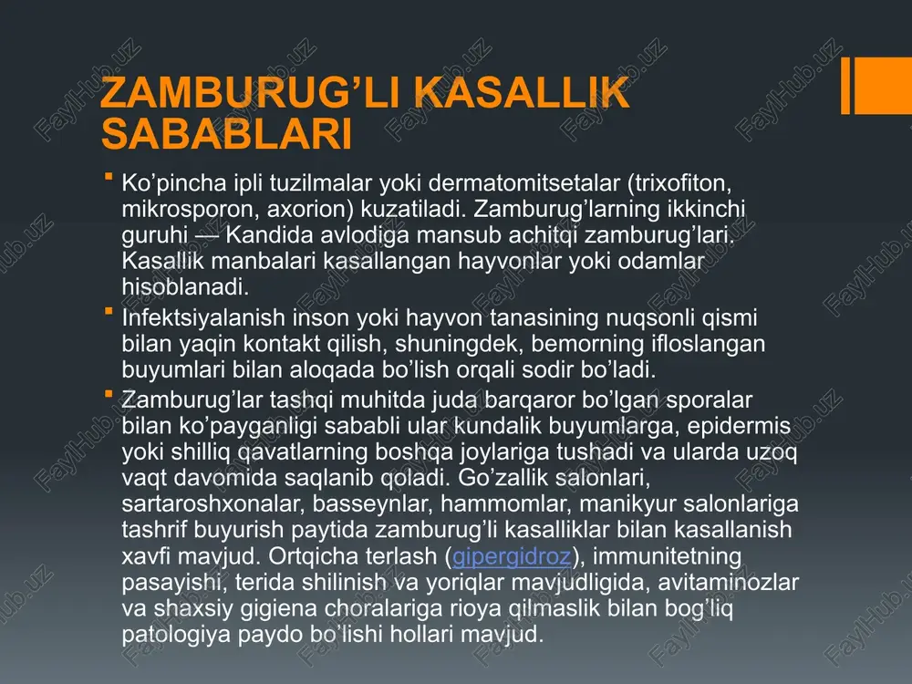it, sigir, ot kabi hayvonlar bilan yaqin kontakda bo’lgandan keyin qo’llarni yaxshilab yuvish tavsiya etiladi. image2.jpeg image3.jpeg image4.jpeg /docprops/thumbnail.jpeg mavzu: immuntet tizimi faoliyati bilan zanburug'i va parazitar kasallikiar kelib chigishdagi bog'iqikiar mundarija: 1 zenbu aah tur 2 zamouropacic eet kona 4 zamora sash ‘zamourgasina svan