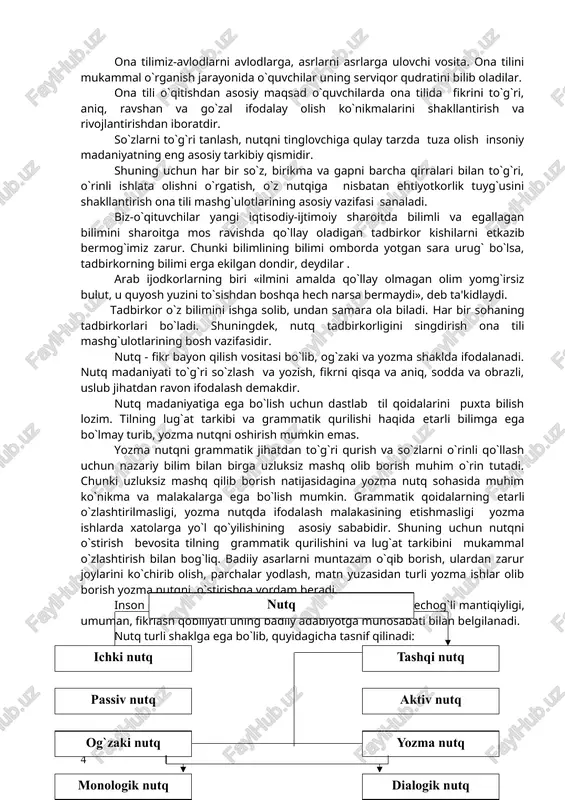 tqining rivojlanishi, mazmundorligi, nutqning nechog`li mantiqiyligi, umuman, fikrlash qobiliyati uning badiiy adabiyotga munosabati bilan belgilanadi. nutq turli shaklga ega bo`lib, quyidagicha tasnif qilinadi: nutq ko`pincha ovoz chiqarmasdan, o`ylash jarayonida ham ifodalanadi. bunday nutq odam o`z ichida gapiradigan (professor p.i.ivanov ta'biricha), ya'ni passiv nutqdir. shuning uchun bu ichki nutq o`z-o`ziga qaratilgan bo`ladi va unda ikki kishining qatnashishi shart emas. ichki nutqning ahamiyati shundaki, u og`zaki va yozma nutqning asosi sifatida o`ziga xos o`rin tutadi. tashqi nutq aktiv fikrlashni talab qiladi. bunday nutq og`zaki va yozma shaklda amalga oshiriladi. odatdagi tovushli so`zlashuv jarayoniga og`zaki nutq deyilad. bundan tashqarii, kishilar paralingvistik, ekstralingvistik vositalar orqali ham o`z fikr – tuyg`ularini boshqalarga etkazadi. og`zaki nutq ikki shaklda bo`ladi: monolog va dialog. monologik nutq-bir kishining ko`pchilikka qaratilgan fikrlarining ifodasi. u ko`pincha hikoya qilish shaklida amalga oshiriladi. ba'zan ichki dialog xarakterida, ya'ni o`zi savol berib, javob berish shaklida ham uchraydi. dialogik nutq ikki va undan ortiq shaxs …