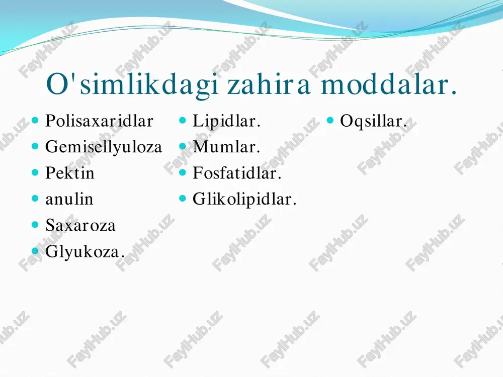 bosqichlar) tilakoidlarda sodir bo'ladi, “qorong'ulik reaksiyasi” (faqatgina yorug'likka bog'liq bo'lmagan bosqichlarni o'z ichiga oladi) esa xloroplastlaming matriksida kechadi. yorug'lik 2. 12h2 o-> l2[h 2]+ 6 o2  (energiyaning hosil bo'lishi - yorug'lik reaksiyasi) yorug'lik  3. 6 co2+ i2 h 20 —> c6h 12o6+6h 2o (moddalarning hosil bo'lishi - qorong'ulik reaksiyasi) yorug'lik reaksiyasi xlorofill tomonidan yorug'lik kvantlarining (fotonlar) yutilishi bilan boshlanadi; natijada qaytaruvchi agent (nadf°h+h) tezlikda bo'lsa ham umrining oxirigacha bo'linib turadi. bu bo'linish natijasida o'simlik bir butun tanani hosil qilib, m a’lum ichki tuzilishga ega bo'ladi. morfogenez jarayoni va natijasi genotipni belgilaydi va shaxsiy rivojlanish sharoiti bilan umumiy rivojlanish qonuniyati o'rtasidagi bog'liqlik barcha tirik organizmlarga xosligini tasdiqlaydi.  d.aliyev, z.jumayeva, k.ismoilov, f,jumaniyozova (farmasevtik botanika)2021.  yo’lchiyeva m.t, atamurotova n.t, latipova a.e, safarova n.t, farmasevtik botanika t.: 2018  mustafayev s.m, mustafayeva m.s, ahmedov o’.a, botanika t.: 2012  mustafayev s.m, ahmedov o’.a, botanika t.: o’zfan 2006  internet saytlari: …