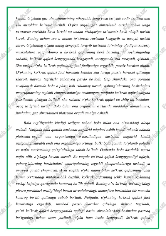 atiga ergashib, umrbod passiv harakat qilishiga sharoit tug’iladi, ya’ni ko’krak qafasi kengayganida undagi bosim alveolalardagi bosimdan pastroq bo’lganligi uchun oson yoziladi, o'pka ham tezda kengayadi, ko'krak qafasi torayganda esa, o'pka ham torayib, qisiladi. yosh hayvonlarning ko'krak qafasi o'pkasiga qaraganda tezroq o’sadi, bu esa ularning hajmi o’rtasidagi mutanosiblikning yana ham ko’proq buzilishiga sabab bo’ladi, ko'krak qafasining kengayib-torayib turishini ta’minlaydigan muskullarning doimo qo’zg’algan holda qolishiga ko’proq yordam beradi. o'pkaning ichki va sirtqi bosimlari o'rtasidagi tafovutning kelib chiqishiga o'pkaning elastikligi va ko'krak qafasining kengaya olish xususiyati katta rol o’ynaydi. o'pka parenximasi oralarida elastik muskul tolalar bor. shu sababli odatda o'pka ma’lum darajada torayishga intiladi. ana shu elastik muskul tolachalari hosil qilgan siqilish kuchiga o'pkaning elastiklik kuchi deyiladi. buni kuzatish uchun hayvonda quyidagicha tajriba o’tkazsa bo’ladi. hayvonni kekirdagidan bug’ib o’ldirib, shu zahoti ko'krak qafasini ochsak, o'pkasi ko'krak qafasini tuldirib yotganini ko’ramiz. so’ngra kekirdakning bog’langan joyini ochib yuborsak, o'pka o’z elastikligi tufayli siqilib, qisila boshlaydi. …
