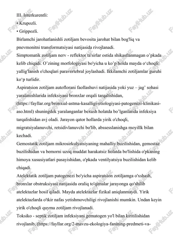 elektazlarda o'tkir nafas yetishmovchiligi rivojlanishi mumkin. undan keyin yirik o'choqli quyma zotiljam rivojlanadi. toksiko - septik zotiljam infeksiyani gematogen yo'l bilan kiritilishidan rivojlanib, (https://fayllar.org/2-mavzu-ekologiya-fanining-predmeti-va-vazifalari-reja.html) yiringli (septiko - piyemik) metastazlanishning turlaridan biridir yaralanishli sepsis a'zolar birining shikastlanish belgilari sifatida rivojlanadi. mayda va ko'pgina o'choqlar bir - biriga quyilishi natijasida xarakterli o'pka abssesi klinik belgilari rivojlanadi. o'q otar qurollardan yaralanganlarda yurak - tomir tizimidagi asoratlar kuzatilish soni bo'yicha ikkinchi o'rinni egallaydi. yuqorida ko'rib chiqilgan tasnifga asosan birlamchi xususan jarohatlanishli o'zgarishlarga kiradi: • yurak yaralanishlarining bevosita oqibatlari, uning mexanik shikastlanishlari (stenokardiya, miokard infarkti, perikardit, jarohatlanishli yurak illatlari). ikkilamchi jarohatlanishdan keyingi kasalliklar qatoriga jarohatdan keyingi ilk bor paydo bo'luvchi va u bilan patogenetik bilvosita bog'liq bo'lgan o'zgarishlar (gipertenziv sindrom, miokardiodistrofiya, funksional koronar o'zgarishlar) yallig'lanishli jarayonlar - miokardit, (https://fayllar.org/yurak-tomir-sistemasi-kasalliklari-v3.html) endokardit, perikardit va h.k.) jarohatlanishgacha bo'lgan kasalliklar - surunkali yurak kasalliklari kechishi jarohatdan so'ng o'zgarmaydi yoki qo'zg’aladi. yurakning interkurrent kasalliklariga ruhiy stress bilan bog'liq bo'lgan o’tib …