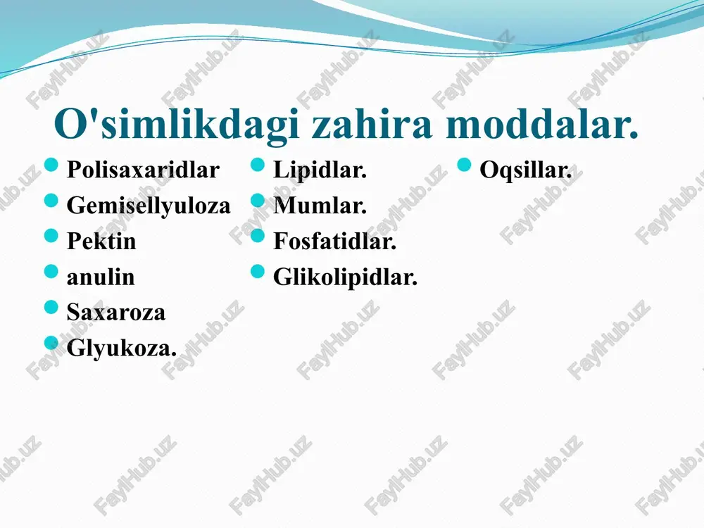 eaksiyasi” (faqatgina yorug'likka bog'liq bo'lmagan bosqichlarni o'z ichiga oladi) esa xloroplastlaming matriksida kechadi. yorug'lik 2. 12h2 o-> l2[h 2]+ 6 o2 (energiyaning hosil bo'lishi - yorug'lik reaksiyasi) yorug'lik 3. 6 co2+ i2 h 20 —> c6h 12o6+6h 2o (moddalarning hosil bo'lishi - qorong'ulik reaksiyasi) yorug'lik reaksiyasi xlorofill tomonidan yorug'lik kvantlarining (fotonlar) yutilishi bilan boshlanadi; natijada qaytaruvchi agent (nadf°h+h) tezlikda bo'lsa ham umrining oxirigacha bo'linib turadi. bu bo'linish natijasida o'simlik bir butun tanani hosil qilib, m a’lum ichki tuzilishga ega bo'ladi. morfogenez jarayoni va natijasi genotipni belgilaydi va shaxsiy rivojlanish sharoiti bilan umumiy rivojlanish qonuniyati o'rtasidagi bog'liqlik barcha tirik organizmlarga xosligini tasdiqlaydi. d.aliyev, z.jumayeva, k.ismoilov, f,jumaniyozova (farmasevtik botanika)2021. yo’lchiyeva m.t, atamurotova n.t, latipova a.e, safarova n.t, farmasevtik botanika t.: 2018 mustafayev s.m, mustafayeva m.s, ahmedov o’.a, botanika t.: 2012 mustafayev s.m, ahmedov o’.a, botanika t.: o’zfan 2006 internet saytlari: 1. http://nature.vspu.ru/links/botlinks.html 2. http://flower.onego.ru/ 3. http://www.botany.net/idb/ 4. http://www.science.siu.yedu/landplants/index.html foydalanilgan adabiyotlar. eʼtiboringiz uchun …