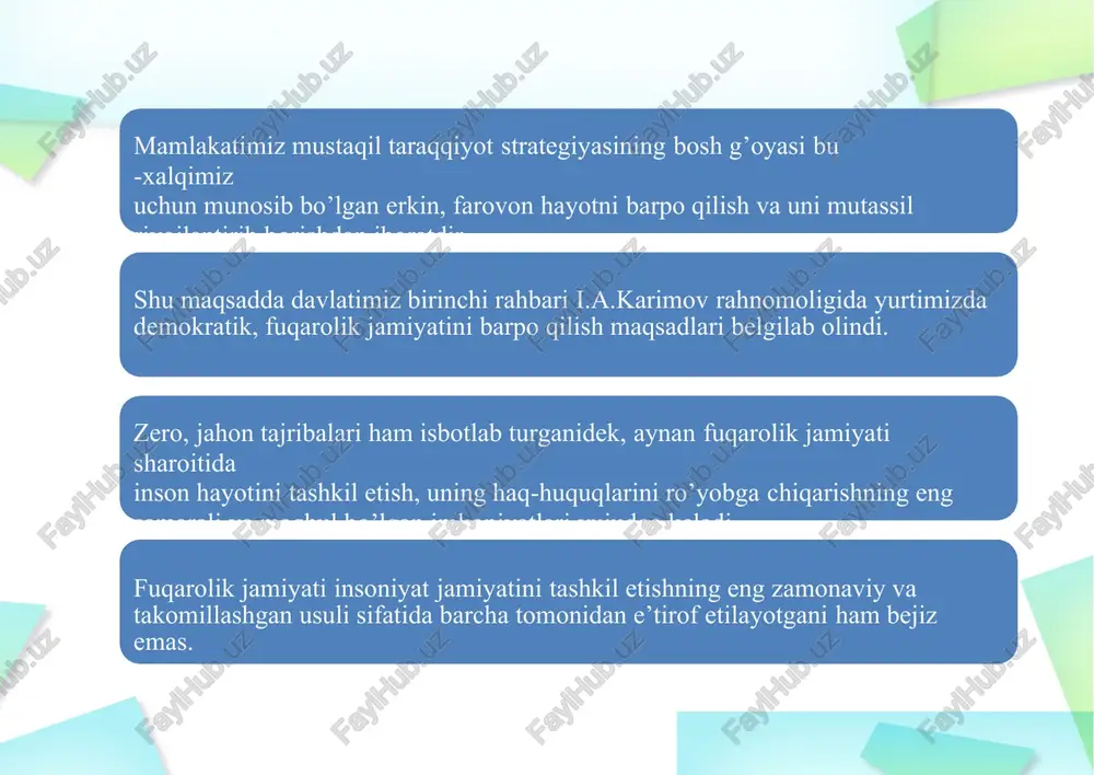 izda taraqqiyotning “o’zbek modeli” asosida fuqarolik jamiyatini rivojlantirish jarayonlari barcha jabhalarda jumladan, istiqlol yillarida yurtimizda fuqarolik jamiyatini shakllantirishning siyosiy, huquqiy, iqtisodiy, ijtimoiy, madaniy va bugungi kunda ushbu jarayonlar yangi sifat bosqichi sharoitida davom etmoqda. ma’naviy asoslari o’zaro mutanosib ravishda rivojlantirildi. izchillik bilan bosqichma-bosqich ravishda rivojlanib kelmoqda. borasida erishilgan natijalar. mamlakatimizda fuqarolik jamiyatini shakllantirish vazifalarini amalga oshirish jarayonida milliy taraqqiyot modeli xususan, davlatning bosh islohotchiligi zaminiga tayangan holda, fuqarolik jamiyatiga xos bo’lgan barcha xususiyatlarga birdek e’tibor qaratildi. jumladan, fuqarolik jamiyatining konstitutsiyaviy asos-belgisi, siyosiy asos- belgisi, iqtisodiy asos-belgisi, ma’naviy asos-belgisi kabi jihatlarini rivojlantirish, islohotlar jarayonining muxim strategik yo’nalishini tashkil qildi. mamlakatimiz konstitutsiyasida muhrlab qo’yilgan huquqiy normalar fuqarolik jamiyatining fundamental asoslarini nafaqat qaror topishi balki, izchil rivojlanishi uchun keng istiqbollarni ochib berdi. konstitutsiyamiz o’z mohiyatiga ko’ra, fuqarolik jamiyatini qaror toptirish qoidalarini o’z bag’riga qamrab olgan etakchi huquqiy hujjat bo’lganligi uchun uning asosida fuqarolik jamiyati shakllanishiga xizmat qiluvchi qonunlar bazasi yaratildi. konstitutsiyamiz zaminida qabul …