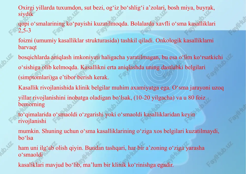 yon bo‘lganda aniqlash imkoniyatini yaratadi. hozirda keng miqyosda quyidagi kasalliklarda skrining tekshiruvi qo‘llanilmoqda: 1. mammografiya va o‘sma markerlarini aniqlash (sa-15-3) – sut bezi saratonida (50 yoshdan oshgan ayollarda bir yilda bir marta). 2. najasda qonni aniqlash (gemokult), sigmoskopiya, kolonoskopiya to‘g‘ri va yo‘g‘on ichak saratonida (bir yilda bir marta). 3. pap-test va kolposkopiya bachadon bo‘yni saratonida (har 6 oyda). 4. ultratovush tekshirish usuli va o‘sma markerini aniqlash (rsa) prostata bezi saratonida (har 6 oyda). 5. multispiral kompyuter tomografiya o‘pka saratonida (1 yilda bir marta). ushbu tekshirishlarni aholi orasida xavf omiliga ega bo‘lgan insonlarda o‘tkazish yuqori darajada o‘sma kasalliklarini barvaqt aniqlash imkonini yaratadi. bundan tashqari, xavfli o‘smalarning klinik simptomlari namoyon bo‘lmaganda, morfologik jihatdan surunkali kasalliklar yoki xavfsiz o‘smaning xavfli o‘smaga o‘tish bosqichini morfologik o‘zgarishlar darajasida aniqlash kelajakda bemorni to‘liq davolash imkonini beradi. bemor bilan shifokor orasidagi suhbatda kasallikning rivojlanish bosqichiga (anamnez), klinik simptomlari rivojlanishiga va bemorning umumiy ahvoliga e’tibor qaratish kerak. yuqorida …