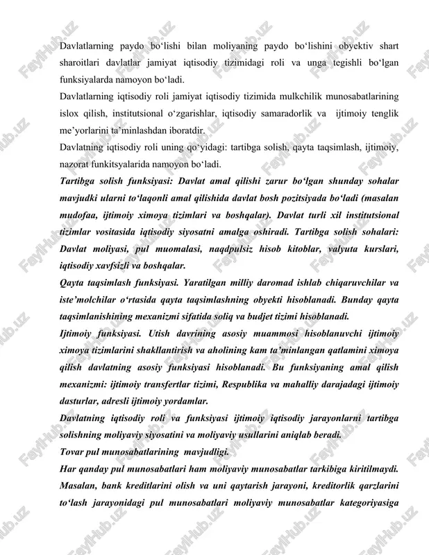 atijasida qiymat taqsimot jarayoni sodir bo‘ladi. moliya mohiyatiga va tashqi paydo bo‘lish shakllariga egadir. moliyaning mohiyati deganda alohida qiymat kategoriyasi sifatida moliyaning ichki mohiyatini namoyon bo‘lishi tushuniladi. moliyaning mohiyati va paydo bo‘lish shakllari o‘zaro bog’likdir. masalan, 1995 yildan xo‘jalik subyektlarining davlat budjeti bilan o‘zaro munosabatlarida foydani taqsimlanishining davlat budjeti daromadlariga foydadan ajratma shakliga o‘tildi. xo‘jalik islohotlari sharoitida bu munosabatlar 3 shaklda namoyon bo‘ldi ya’ni: ishlab chiqarish fondlariga ajratmalar, fiksirlangan (renta) to‘lovlari; foydaning erkin qoldig’idan budjetga badallar. bozor iqtisodiyoti sharoitida esa bu munosabatlar soliqlar vositasida amalga oshiriladi. yuqoridagilarga asoslangan holda shuni ta’qidlash joizki, moliyaning iqtisodiy mohiyati masalasi mazkur kategoriyaning ichki mazmunini aniqlovchi 2 nazariya amal qiladi: 1. taqsimlash nazariyasi tarafdorlari. 2.takror ishlab chiqarish nazariyasi tarafdorlari. taqsimlash nazariyasi tarafdorlari tasdiqlaydiki, moliya ijtimoiy takror ishlab chiqarish jarayonining 2 boskichida paydo bo‘ladi, ya’ni yalpi ichki mahsulot qiymatini taqsimlash va qayta taqsimlash jarayonida vujudga keladi. takror ishlab chiqarish nazariyasi tarafdorlari esa moliya takror ishlab chiqarish …