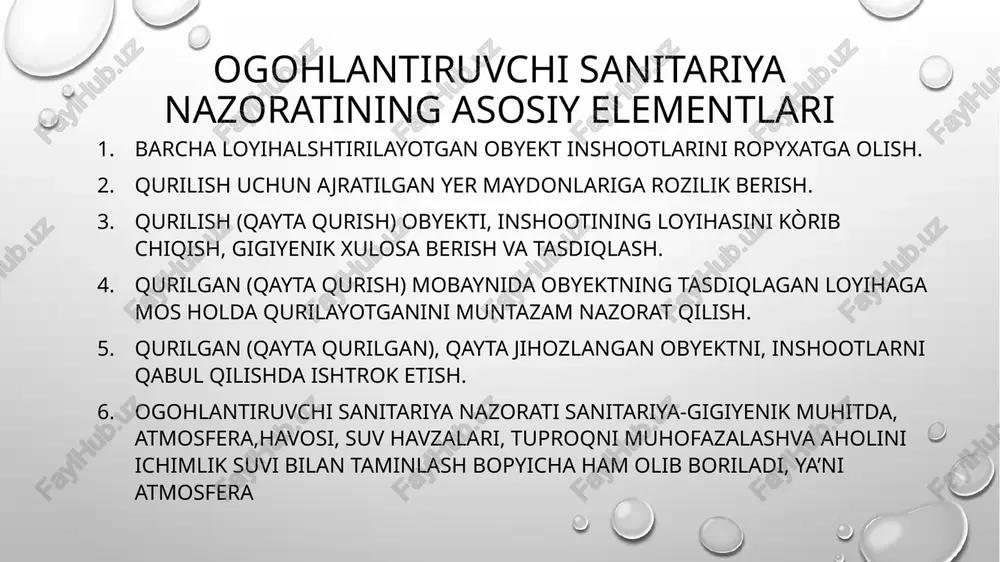 tashkil etish bopyicha chora tadborlarni ishlab chiqish va ularni amaliyotga tadbiq etish. korxona ishchilarini sanitariya madaniaytini oshirish bo‘yicha kompleks tadbirlar ishlab chiqish va ularni o‘tkazish. belgilangan rejada , jamoa shartnomalari ko‘rsatilgan sog‘lomlashtirish tadbirlarning bajarilishi ustidan nazorat o‘rnatish va ushbu tadbirlarning samaradorligini o‘rganish hamda sanitariya gigiyenik meyorlariga mos keldigan sog‘lomlashtirish bo‘yicha “reja-vazifa”ni ishlab chiqish. respublika va hudidiy davlat sanitariya-epidemiologik osoyishtaligi agentligining huquqlari respublika va hududdiy davlat sanitariya-epidemiologik osoyishtaligi agentligi quyidagi huquqlarga ega: xodimlar mehnatini rag‘batlantirish maqsadida budjetdan tashqari mablag‘lardan foydalanish davlat sanitariya-epidemiologiya nazorat masalalari ni hal etish uchun shartnoma asosida ilmiy tadqiqot institutlari, filiallar,yetuk mutaxassislar, shu jumladan chet el mutaxassislarini shartnoma asosida ishga jalb etish. qonunchilikda belgolangan tartib bo‘yicha tashqi iqtisodiy faoliyat olib borish, banklar va boshqa kridit muassasalarida valyuta hisob raqamiga ega bòlish. tegishli muassasalarda amaldagi qonunchilikka zid holdagibuyruq va farmoyishlarni bekor qilish. respublika sanitariya-epidemiologik osoyishtaligi agentligiyuqoridagilarga qo‘shimchabravishda quyidagi huquqlarga ega: o‘zbekiston respublikasi sog‘liqni saqlash vazirligi sanitariya-epidemiologiya muassasalarining boshqaruv tizimining …