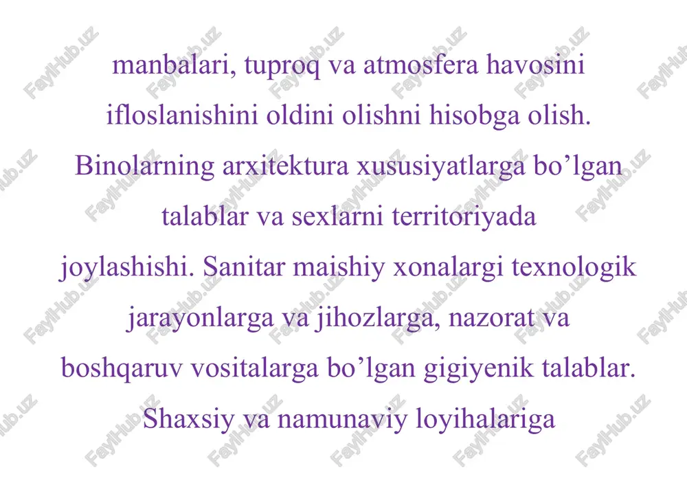 kda ishlash, har-hil ishlarni bajarish, dam olish va ish vaqtida okilona foydalanish, yashash sharoitini noqulayligi. yetakchi bo’lgan zaralarga ishlab chiqarishdagi xavfli omillar va o’rab turgan muhit. sovuq va issiq mikroiqlim sharoitida mehnat gigiyenasini ahamiyati, umumiy va kasb kasalliklari. sog’lomlashtirish chora-tadbirlar. mehnat gigiyenasida ishlab chiqarish materiallariga kuyladigan asosiy shart: sement, g’isht, temir-beton qorishmasi, shisha, keramika va boshqalar. texnologik jarayonga va ishlab chiqarish asboblariga gigiyenik tavsif. asosiy kasblar. ishlab chiqarishda xavfli va zararli omillar: chang, mikroiqlim, tebranish va shovqin, kuchli jismoniy zo’riqish. umumiy va kasb kasalliklari. asosiy profilaktik chora-tadbirlar, atrof muhitni muxofaza qilish, mehnat sharoitini yaxshilash.