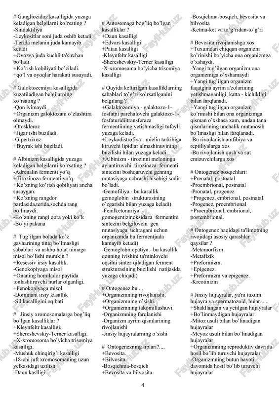 ydi -izolyantlarning 1-avlodni vakillariyoq aka-uka va opa singilning farzandlari bo’lib qoladi # populyasiya xillari uchun harakterli belgilarni va odam populyasiyalari uchun hos bo’lgan muhim hususiyatlarni aniqlang ? +populyasiyachada odamlar soni 1500 dan kam bo’lsa izolyantlar deyiladi. +populyasiyachada odamlar soni 1500-4000 gacha bo’lsa demlar deyiladi. +odam populyasiyasida individlar soni doim oshib boradi. -odam populyasiyasida tanlanishning roli doim ortib boradi -populyasiyachada odamlar soni 1500-4000 gacha bo’lsa izolyantlar deyiladi -populyasiyachada odamlar soni 1500 dan kam bo’lsa demlar deyiladi # daun kasalligida kuzatiladigan belgilarning ko’rsating ? -bo’yi baland -kul barmoqlari normada +muskullar sistemasi sust rivojlangan. +terisi quruq. +sochlar siyrak. -barmoqlar uzun va ingichka # autosomaga bog’liq bo’lgan kasalliklarni ko’rsating ? +edvars. -daltonizm +daun. +mushuk chinqirigi. -klaynfelter -shereshevskiy-terner # klaynfelter kasalligida kuzatiladigan belgilarni ko’rsating ? +yelka tor. +barmoq uchlarida nakshlar ko’pincha yoysimon. +urug chiqaruvchi kanal yaxshi rivojlanmagan . -bo’ylari,oyoqlar kalta -tos suyagi tor -muskullar yaxshi rivojlangan # shereshevskiy-terner sindromida kuzatiladigan belgilarni ko’rsating ? -xromosomalar 47 …